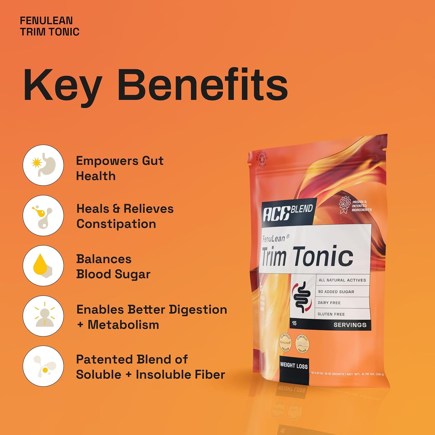 Gut Health Fiber Boost with Ace Blend Trim Tonic - 15 Servings, Psyllium-Free, Soluble and Insoluble, 15 Sachets