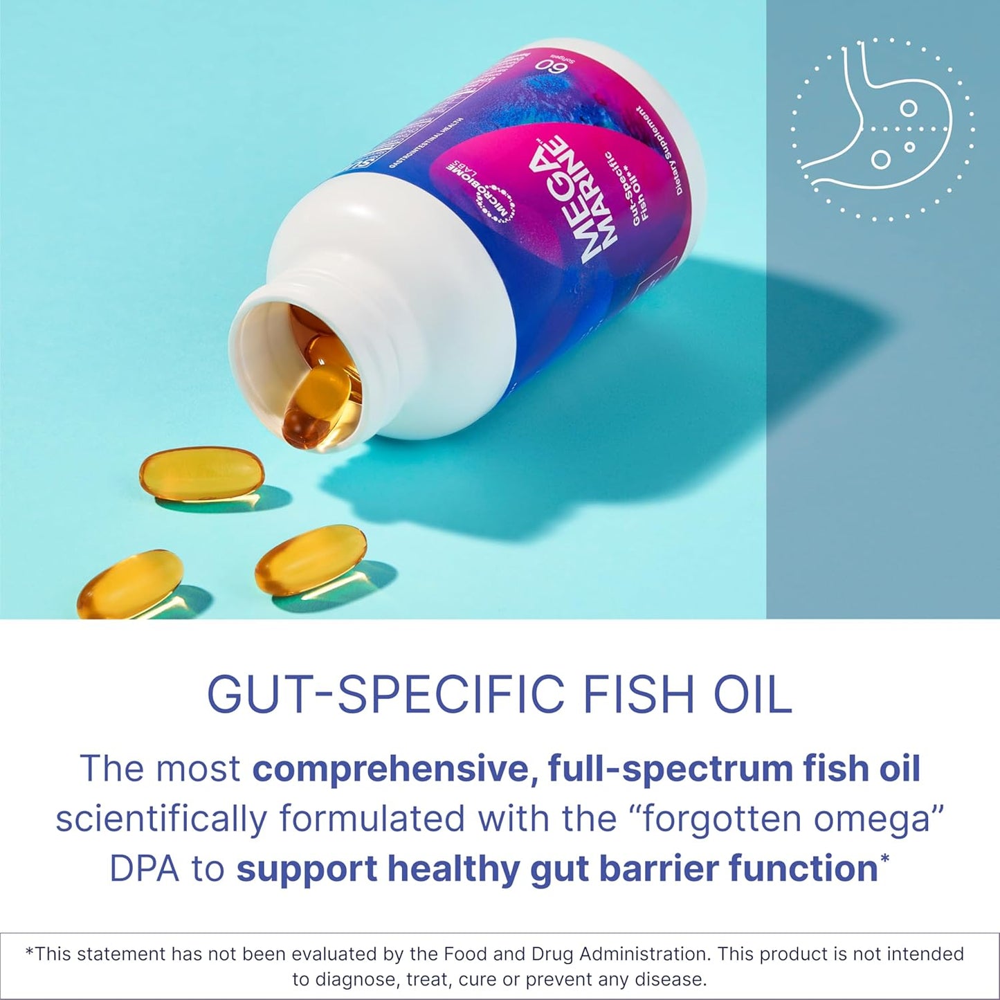 Gut Health Omega 3 Fish Oil Supplements - Microbiome Labs MegaMarine with EPA DHA DPA - Boost Immunity & Gut Barrier - 60 Softgels