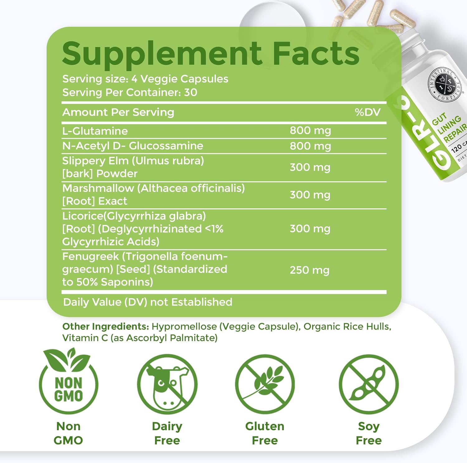 Gut Lining Repair Supplement for Intestinal Health - Vegan Gut Repair with L-Glutamine, Slippery Elm, DGL Licorice Root, Marshmallow Root, Fenugreek - IBS, IBD, GERD - Intestinal Fortitude GLR-6