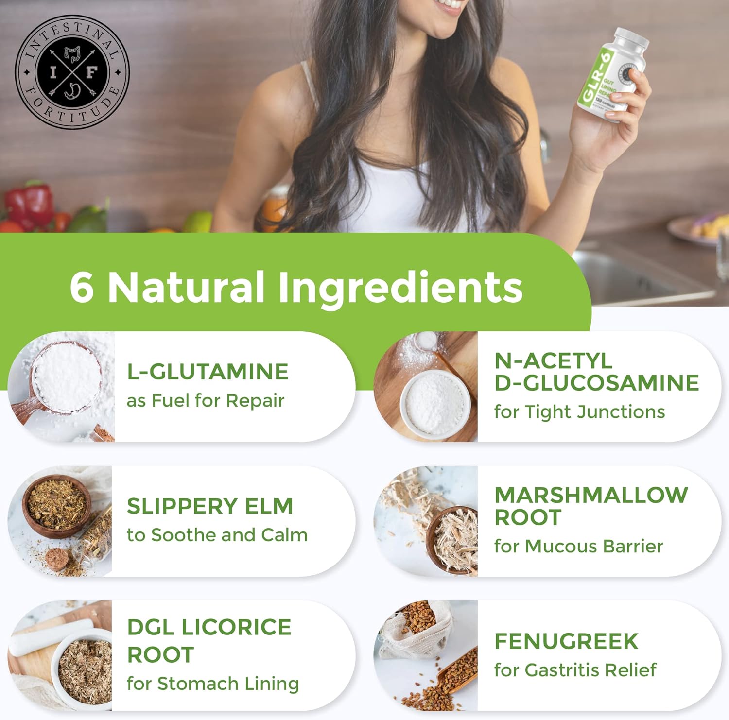Gut Lining Repair Supplement for Intestinal Health - Vegan Gut Repair with L-Glutamine, Slippery Elm, DGL Licorice Root, Marshmallow Root, Fenugreek - IBS, IBD, GERD - Intestinal Fortitude GLR-6