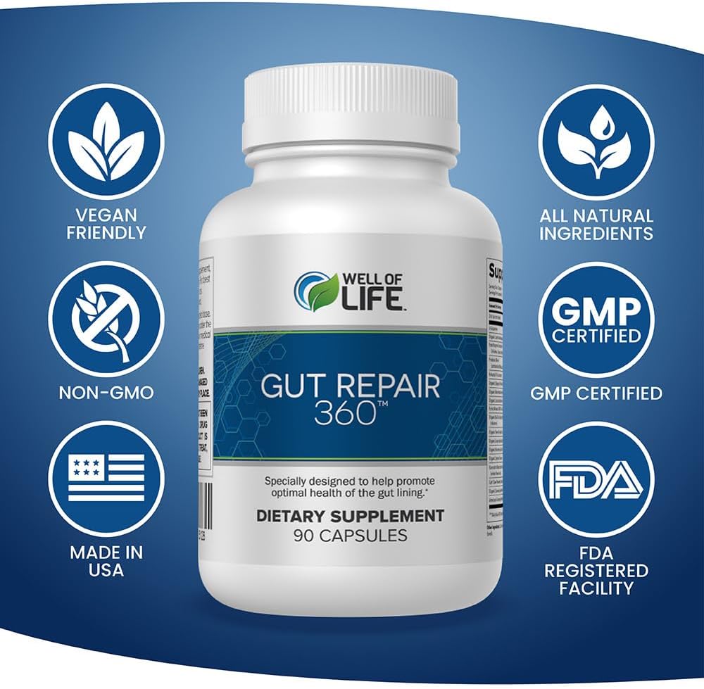 Gut Repair 360 Capsules: Lab-Formulated Natural Formula for Healthy Gut - Pure Organic Non-GMO Capsules, Dairy-Free & USA Made