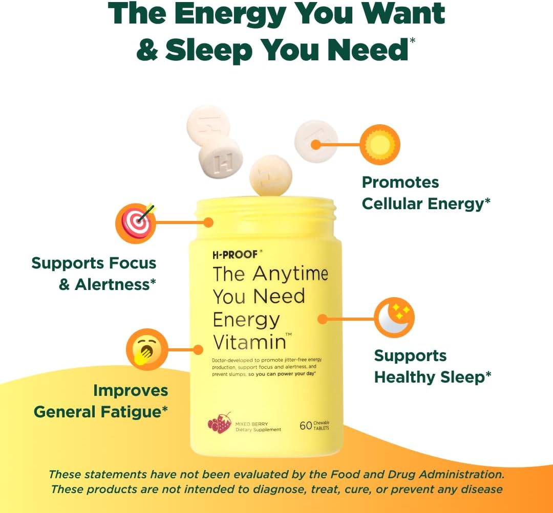 H-PROOF Chewable Energy Supplements - Sustained Energy & Focus with Jitter-Free Caffeine - Mixed Berry Flavor - 60 Count