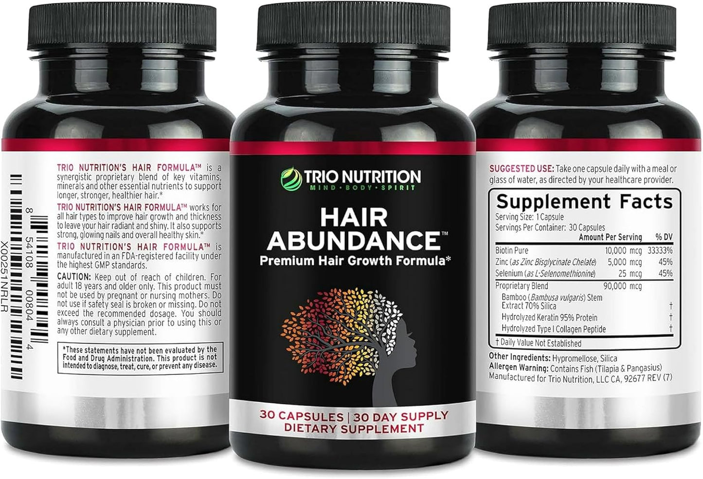 Hair Abundance Trio: Natural Hair Growth Supplement with Collagen, Keratin, Biotin 10000mcg for Strong Nails and Smooth Skin - 30 Day Supply