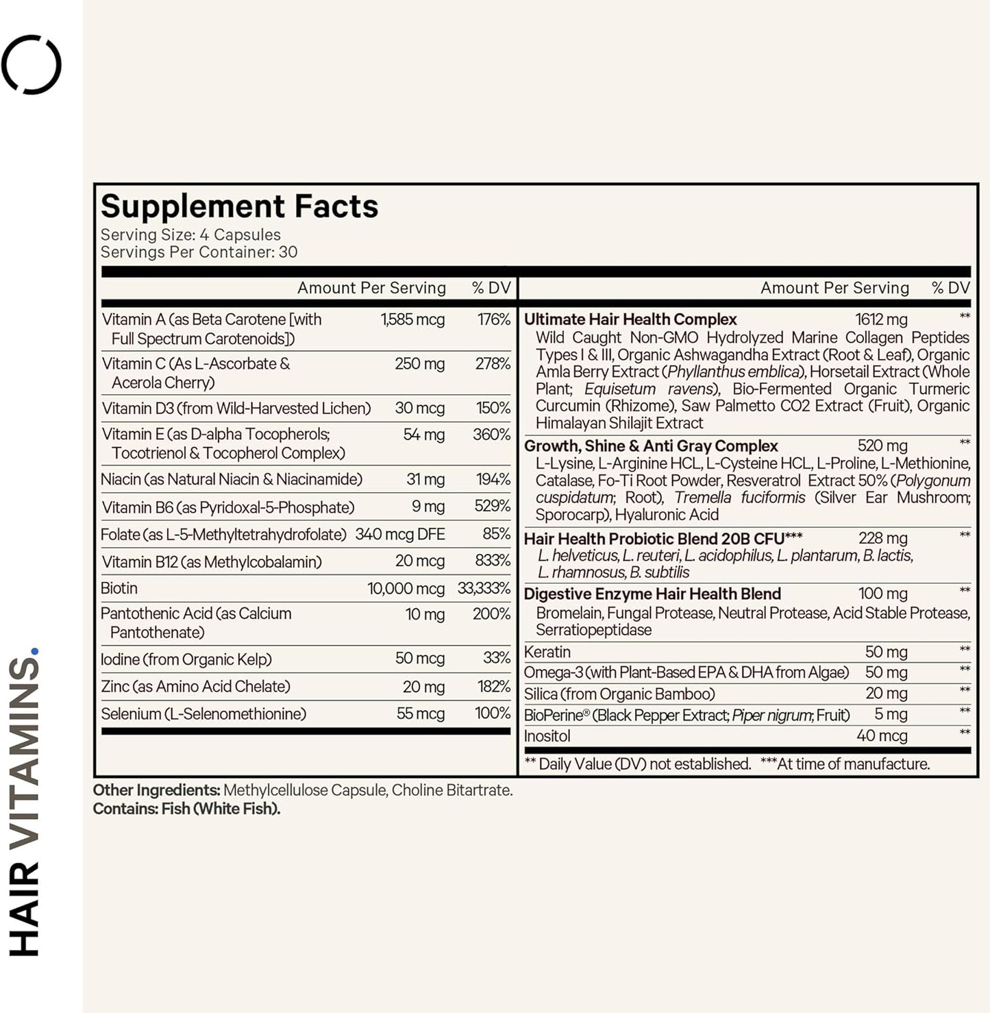 Hair Care Support Supplement with 10000 mcg Biotin, Keratin, Collagen, Vitamins A, B12, C, D3, E, Zinc, Turmeric, Probiotics, Enzymes, Inositol - 120 Capsules