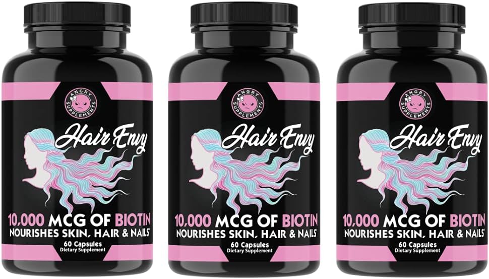 Hair Envy: Biotin + Keratin Supplement for Hair Growth, Nail Strength, and Skin Nourishment - 10,000 mcg (3-Bottles)