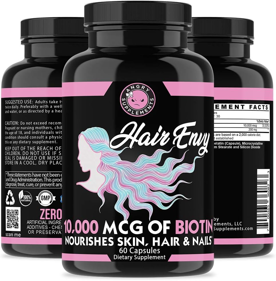 Hair Envy: Biotin + Keratin Supplement for Hair Growth, Nail Strength, and Skin Nourishment - 10,000 mcg (3-Bottles)