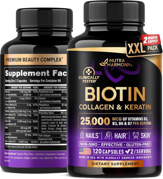Hair Growth Support Supplement with Biotin, Collagen, and Keratin - Skin, Nails, and Vitamins Complex - 25000 mcg - Hyaluronic Acid - Made in USA - 120 Capsules