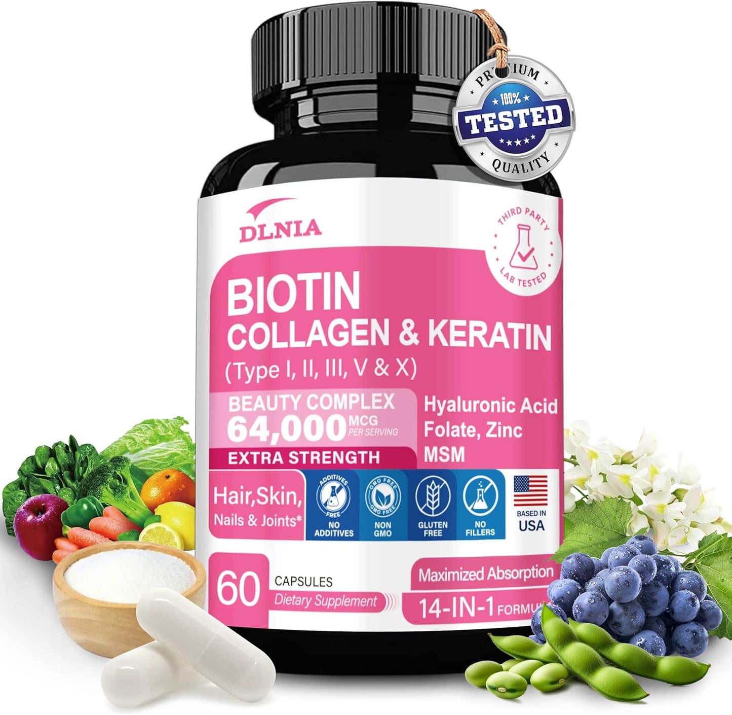 Hair Growth Support Supplement with Biotin, Collagen, and Keratin - Clinically Tested Complex for Skin, Nails, and Joints - 64000 mcg with Hyaluronic Acid and B Vitamins for Women & Men