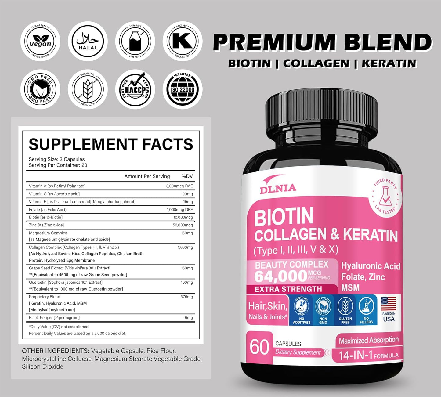 Hair Growth Support Supplement with Biotin, Collagen, and Keratin - Clinically Tested Complex for Skin, Nails, and Joints - 64000 mcg with Hyaluronic Acid and B Vitamins for Women & Men