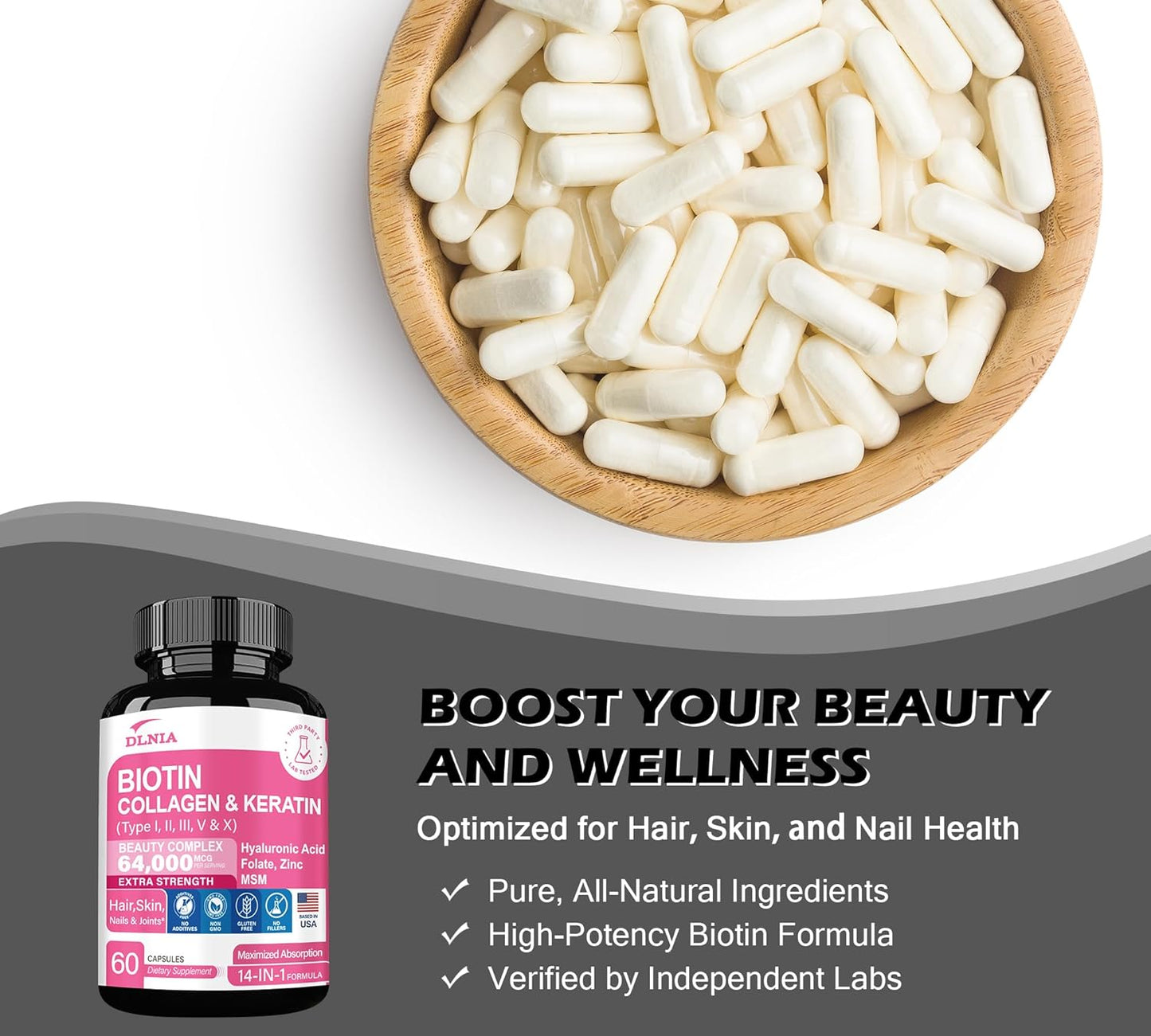 Hair Growth Support Supplement with Biotin, Collagen, and Keratin - Clinically Tested Complex for Skin, Nails, and Joints - 64000 mcg with Hyaluronic Acid and B Vitamins for Women & Men