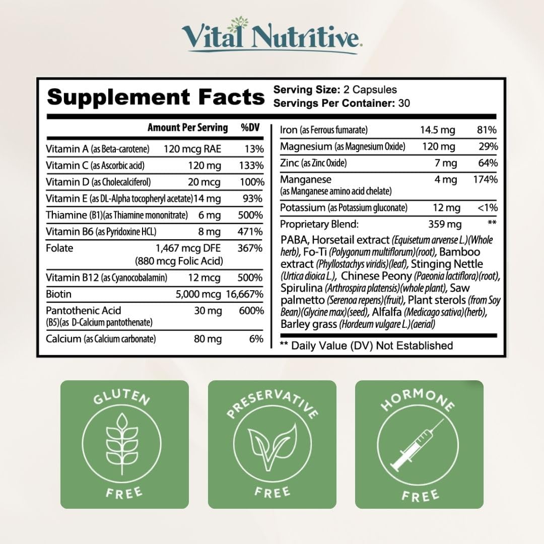 Hair Growth Vitamins for Women & Men - Biotin & Vitamin B Complex Supplement - Promotes Healthy Hair, Skin & Nails - Hormone & Gluten-Free - 120 Count