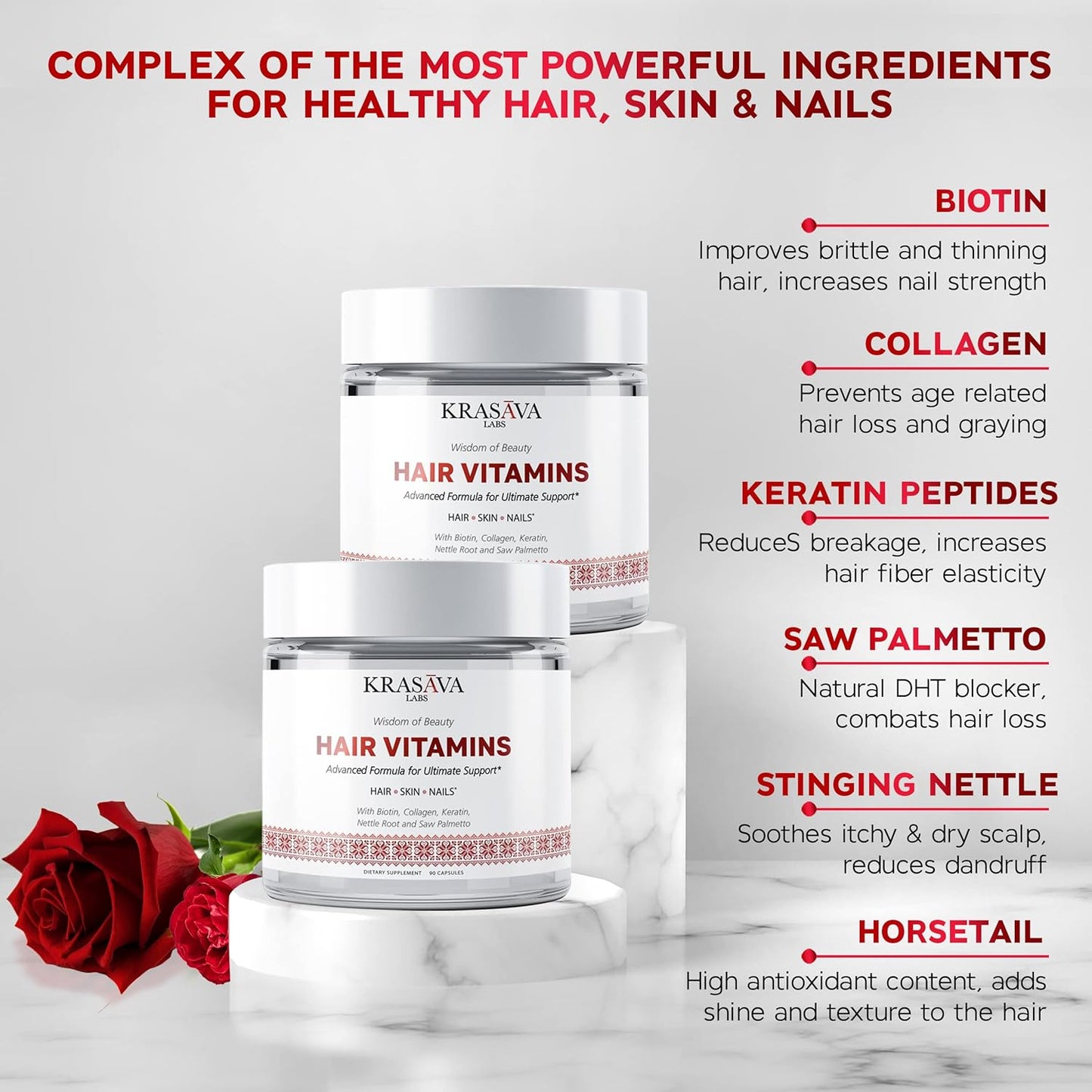 Hair Growth Vitamins with Biotin, Collagen, and Keratin for Healthy Hair - 90 Count