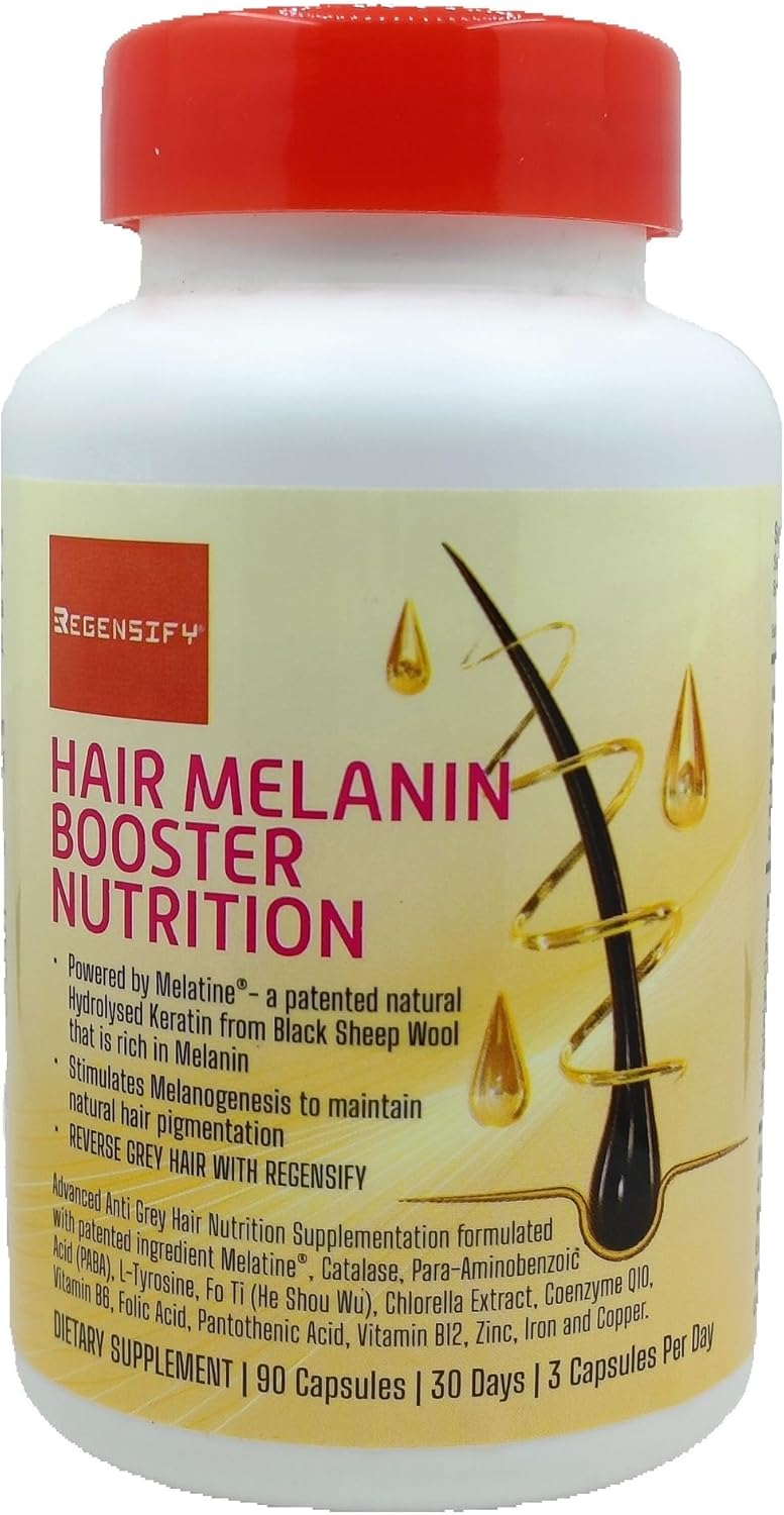 Hair Melanin Boosting Supplement for Men & Women - Melatine, Catalase, PABA, L-Tyrosine, He Shou Wu, Chlorella, CoQ10, Folic Acid, Pantothenic Acid | Anti Grey Hair Formula by REGENSIFY