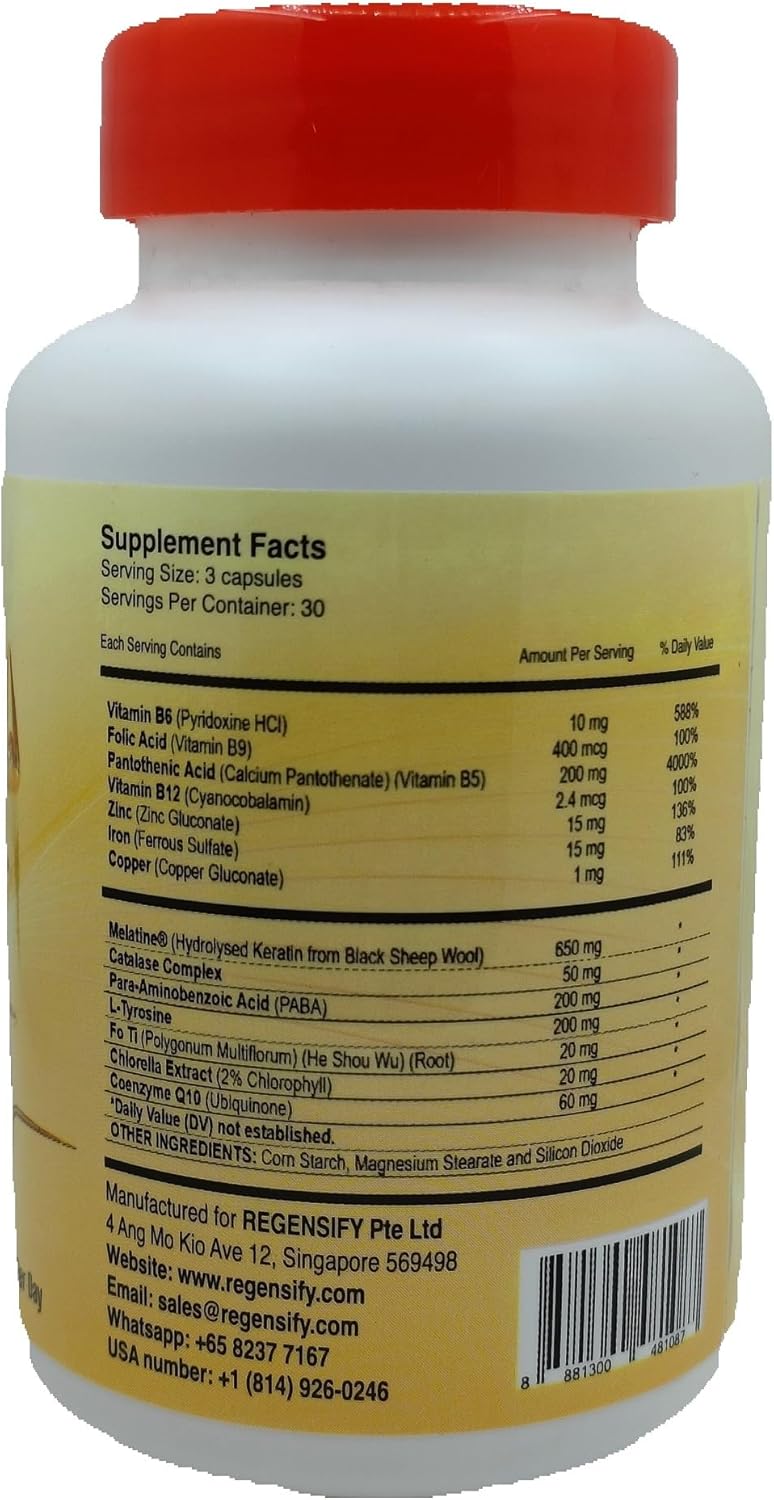 Hair Melanin Boosting Supplement for Men & Women - Melatine, Catalase, PABA, L-Tyrosine, He Shou Wu, Chlorella, CoQ10, Folic Acid, Pantothenic Acid | Anti Grey Hair Formula by REGENSIFY