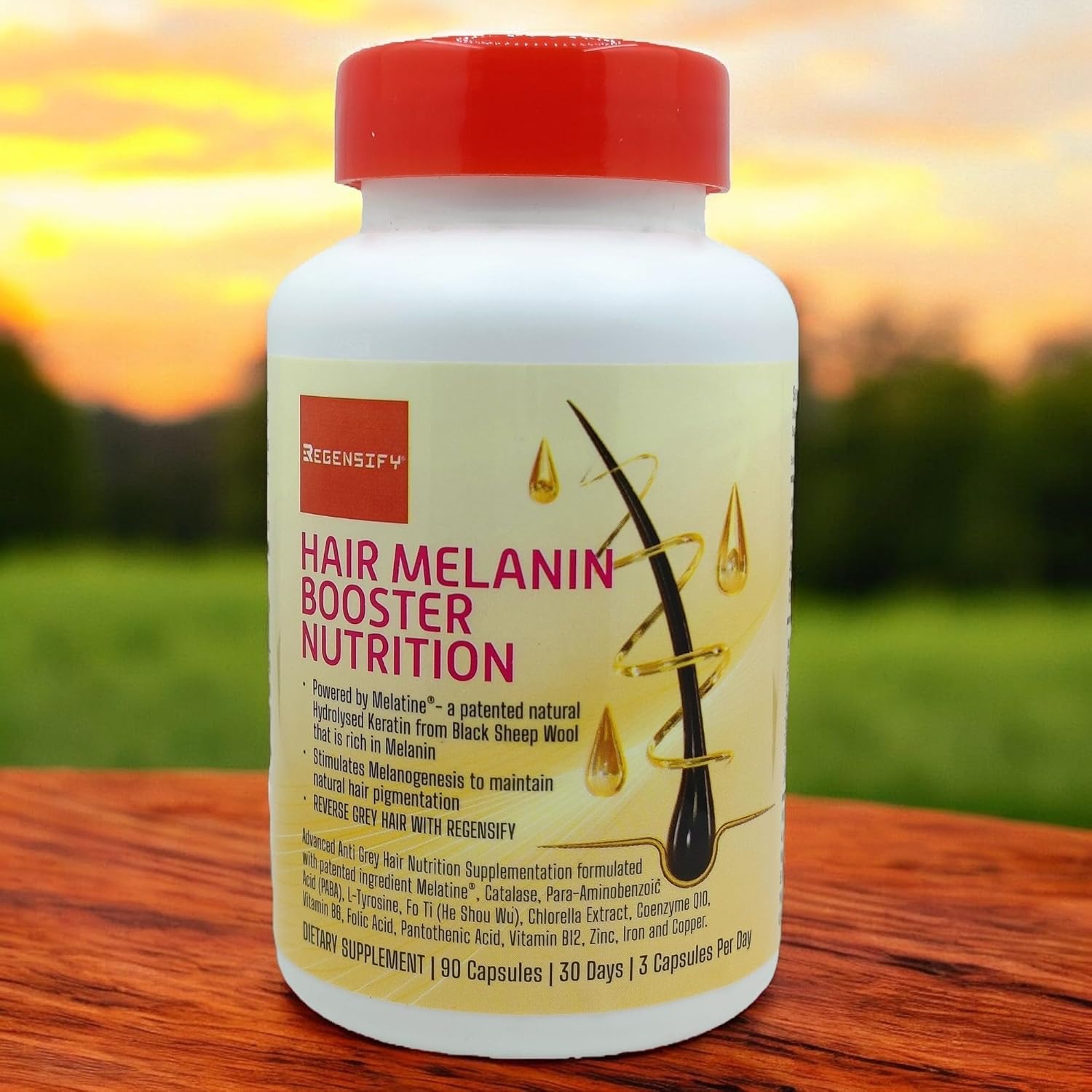 Hair Melanin Boosting Supplement for Men & Women - Melatine, Catalase, PABA, L-Tyrosine, He Shou Wu, Chlorella, CoQ10, Folic Acid, Pantothenic Acid | Anti Grey Hair Formula by REGENSIFY