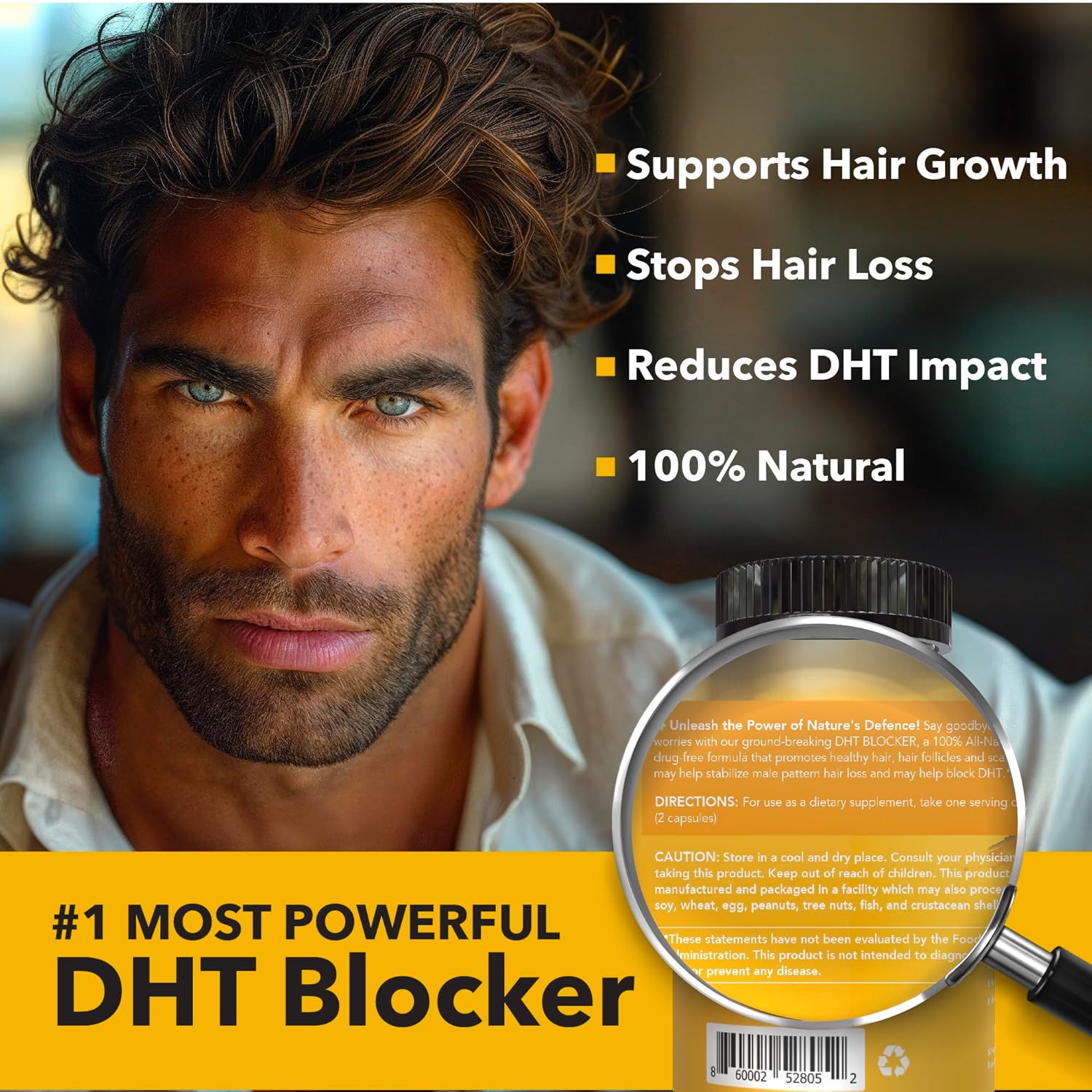 Hair ReGrowth Vitamins for Men - DHT Blocker Supplement with Saw Palmetto, Nettle, Green Tea, Pygeum Bark, Pumpkin Seed - Gluten-Free Formula - 60 Count