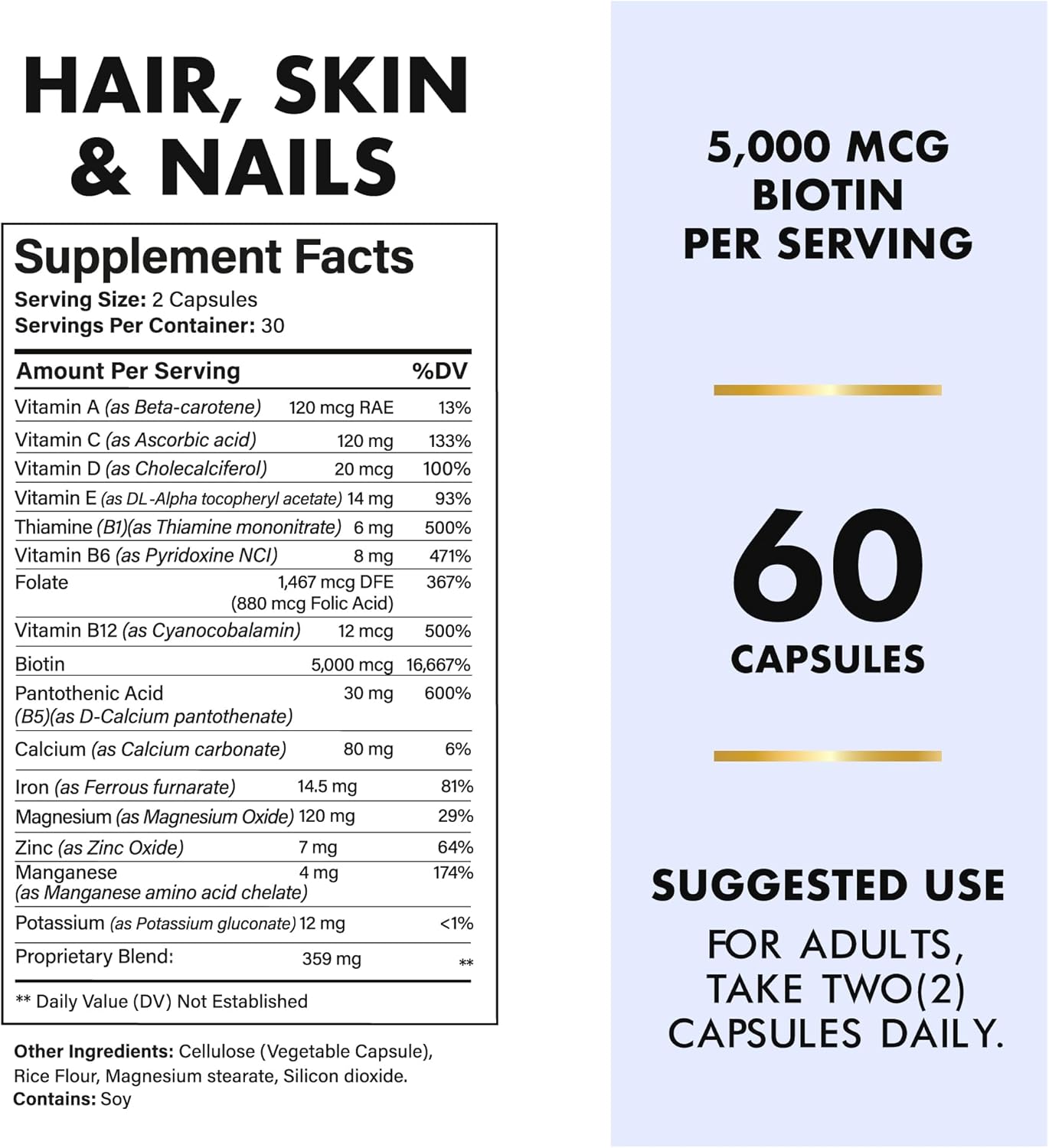 Hair Shield: Hair Growth & Nail Strength Vitamins with Biotin, Calcium, & Zinc - 60 Capsules for Women & Men