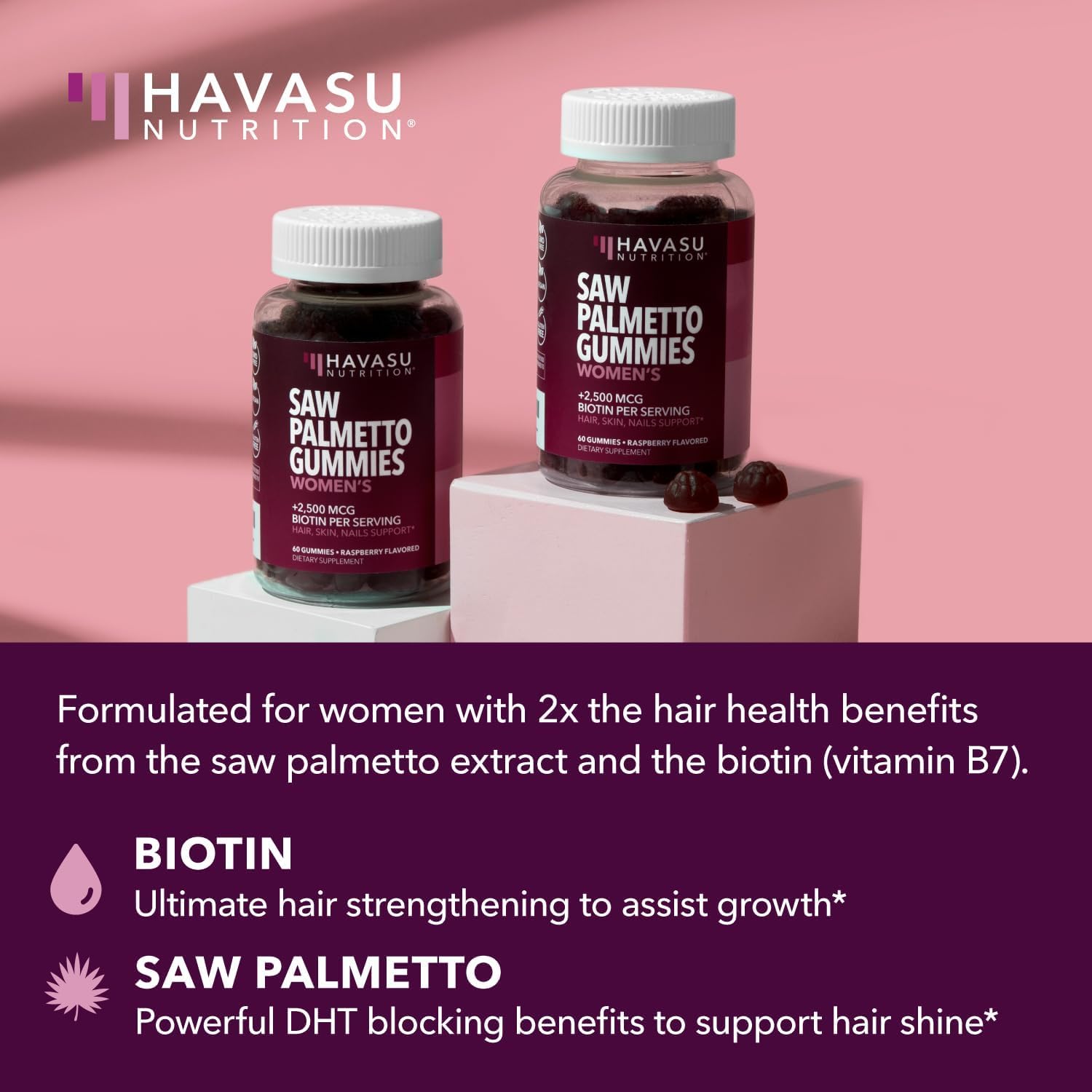 Hair, Skin, and Nail Health Gummies for Women with Saw Palmetto and Biotin - DHT Blocker - 120 Count - Vegan and Non-GMO - 2 Month Supply