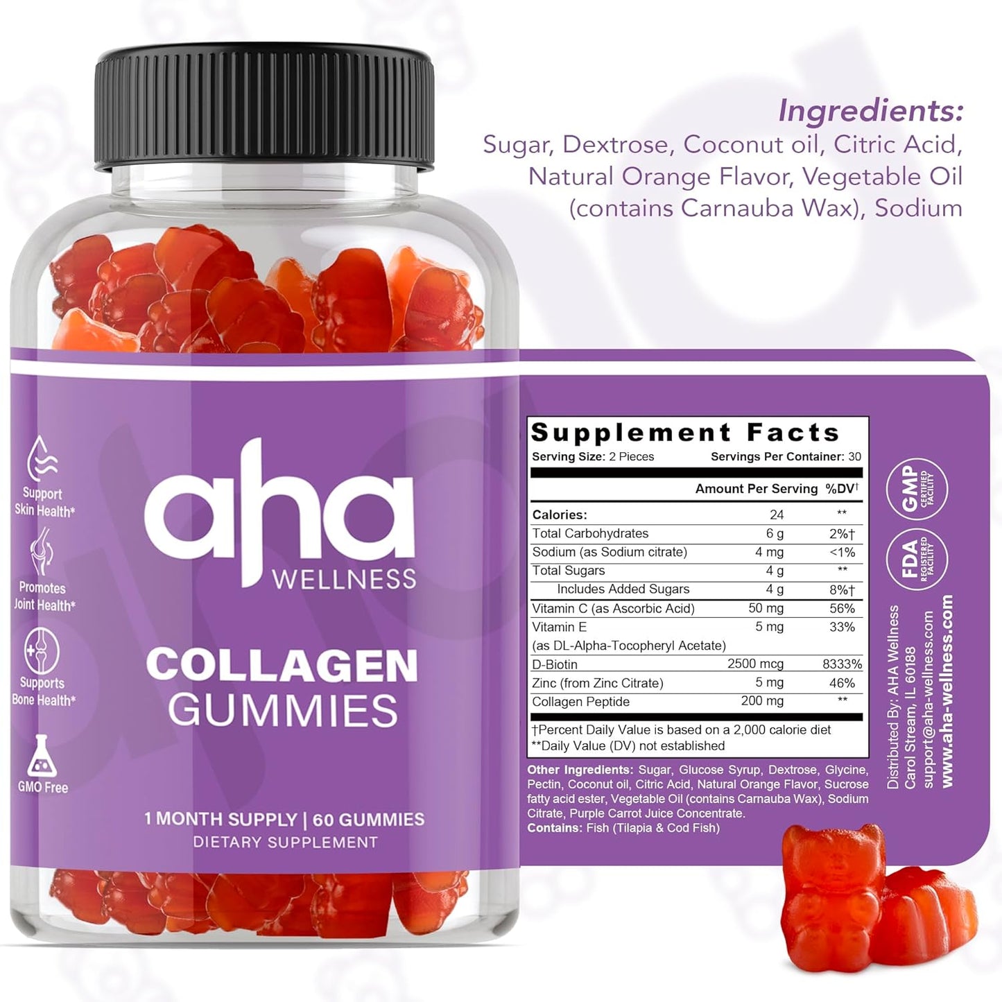 Hair, Skin, and Nails Collagen Support Gummies with Vitamin C, E, and Zinc - 200mg Collagen Peptides - Non-GMO - 30 Servings