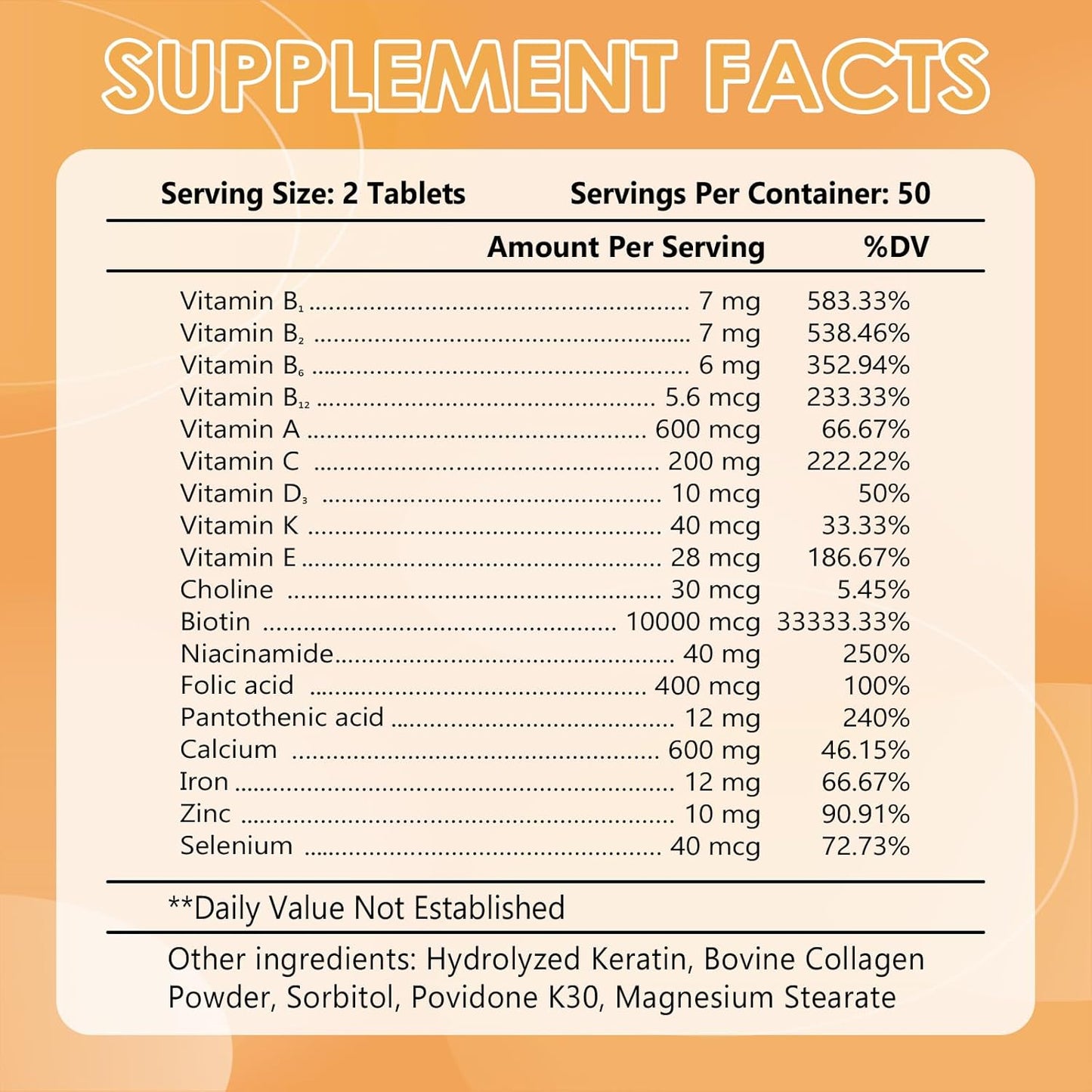 Hair Skin and Nails Multi-Vitamin with Biotin for Men & Women - 100 Tablets Free of Gluten, Dairy, and Soy