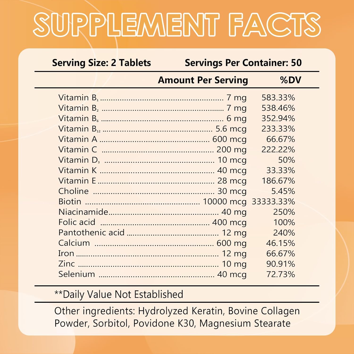 Hair Skin and Nails Multi-Vitamin with Biotin for Men & Women - 100 Tablets Free of Gluten, Dairy, and Soy