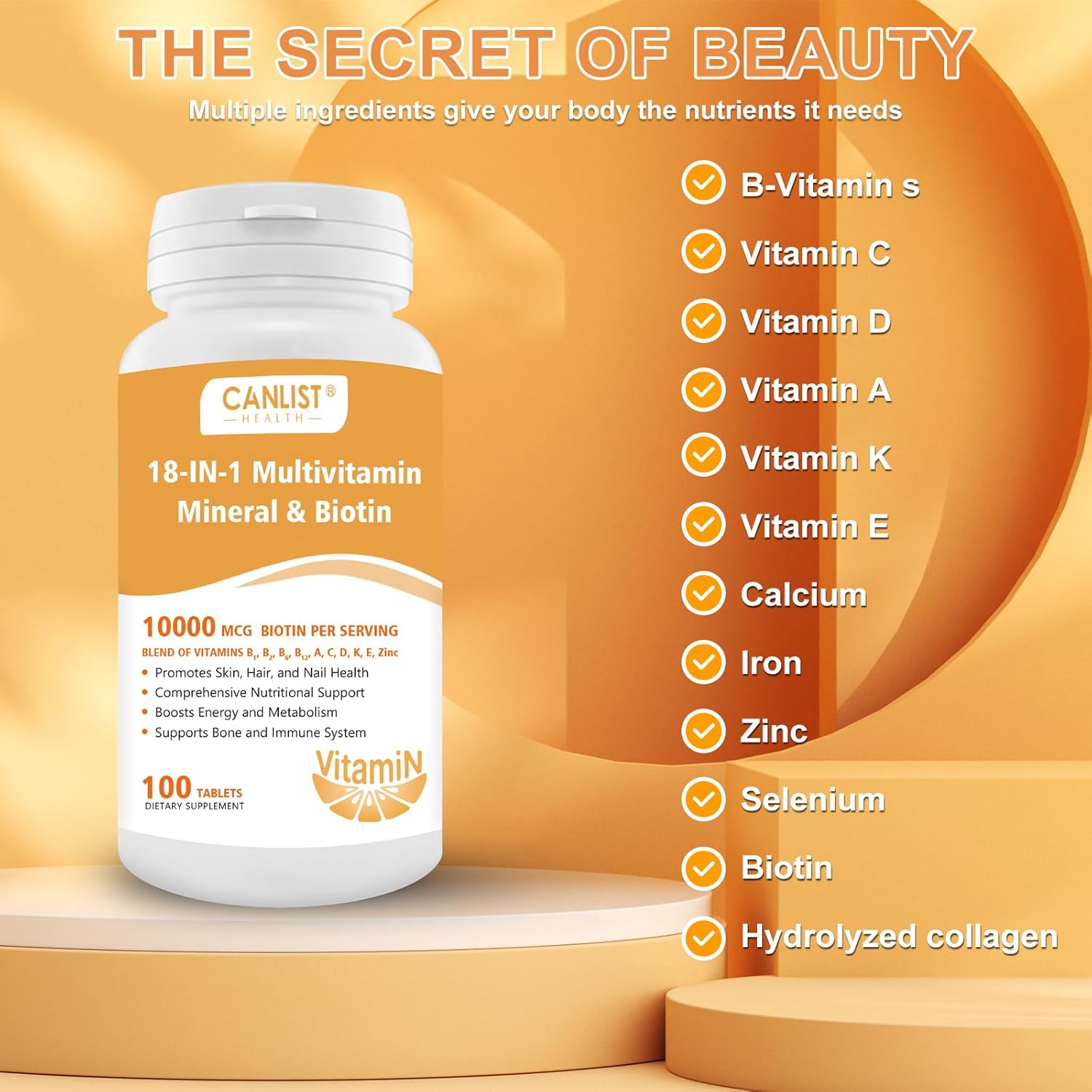 Hair Skin and Nails Multi-Vitamin with Biotin for Men & Women - 100 Tablets Free of Gluten, Dairy, and Soy