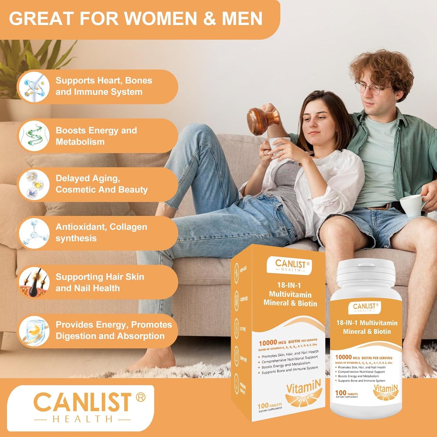 Hair Skin and Nails Multi-Vitamin with Biotin for Men & Women - 100 Tablets Free of Gluten, Dairy, and Soy