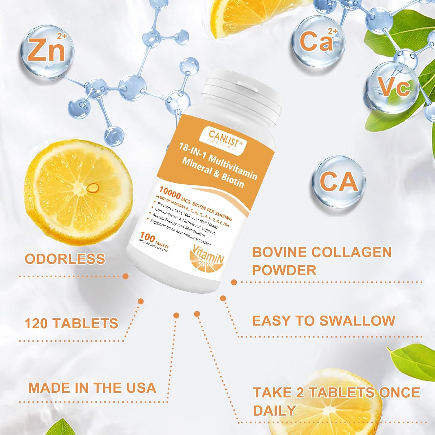 Hair Skin and Nails Multi-Vitamin with Biotin for Men & Women - 100 Tablets Free of Gluten, Dairy, and Soy