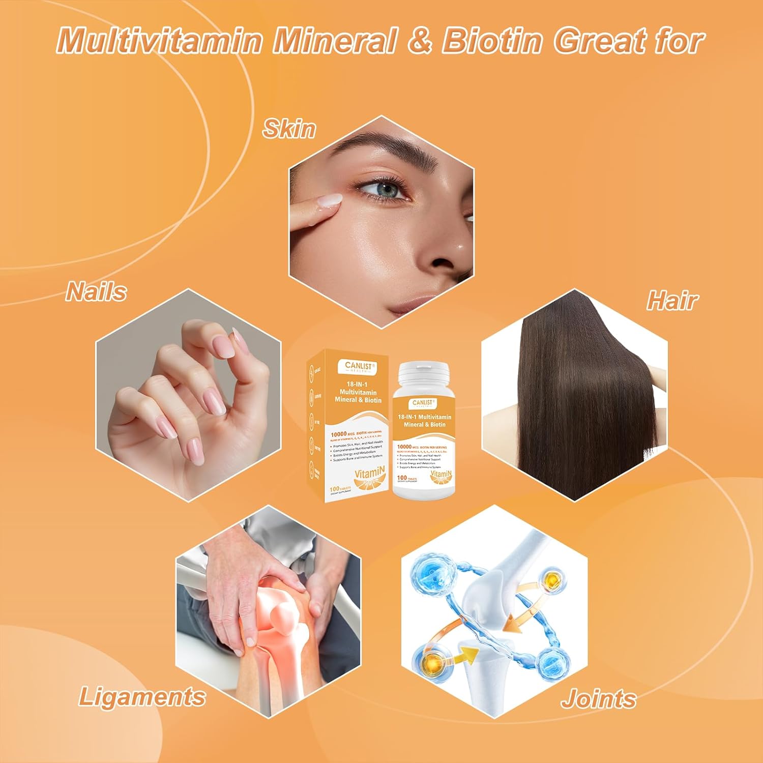 Hair Skin and Nails Multi-Vitamin with Biotin for Men & Women - 100 Tablets Free of Gluten, Dairy, and Soy