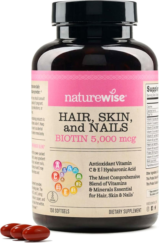 Hair Skin and Nails Supplement for Women - Biotin 5000mcg with Hyaluronic Acid, Collagen, Vitamin C, B Complex, D3, A, E, Iron - Non-GMO, Gluten Free - 150 Softgels for 50 Days