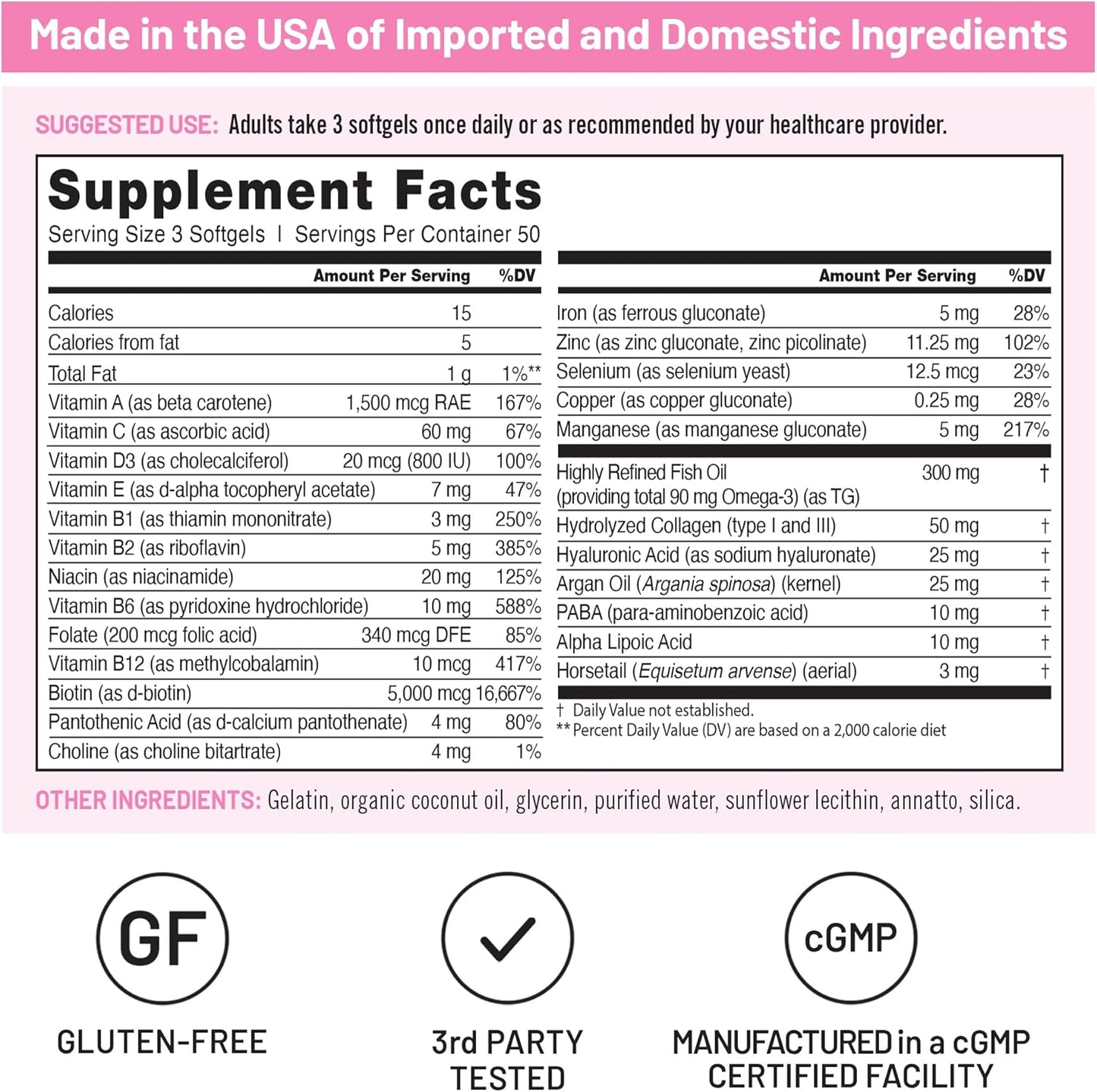 Hair Skin and Nails Supplement for Women - Biotin 5000mcg with Hyaluronic Acid, Collagen, Vitamin C, B Complex, D3, A, E, Iron - Non-GMO, Gluten Free - 150 Softgels for 50 Days