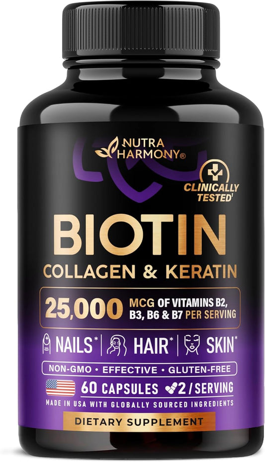 Hair, Skin, and Nails Support Supplement with Biotin, Collagen, and Keratin - 25000 mcg Vitamins B2, B3, B6 & B7 - Hyaluronic Acid - 60 Capsules - Made in USA - Women & Men