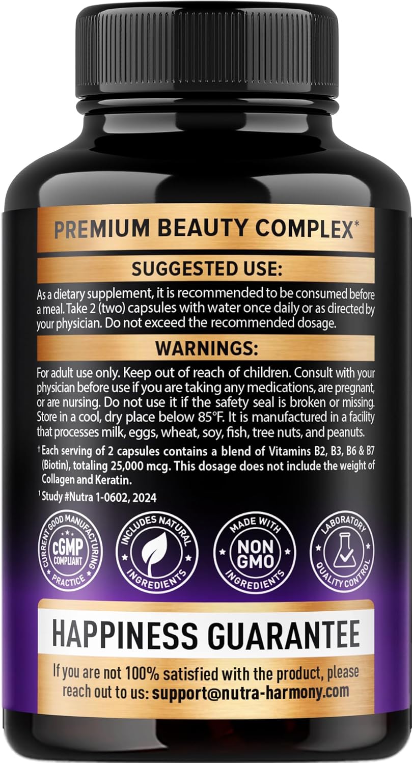 Hair, Skin, and Nails Support Supplement with Biotin, Collagen, and Keratin - 25000 mcg Vitamins B2, B3, B6 & B7 - Hyaluronic Acid - 60 Capsules - Made in USA - Women & Men