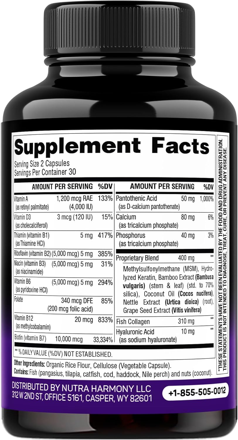 Hair, Skin, and Nails Support Supplement with Biotin, Collagen, and Keratin - 25000 mcg Vitamins B2, B3, B6 & B7 - Hyaluronic Acid - 60 Capsules - Made in USA - Women & Men