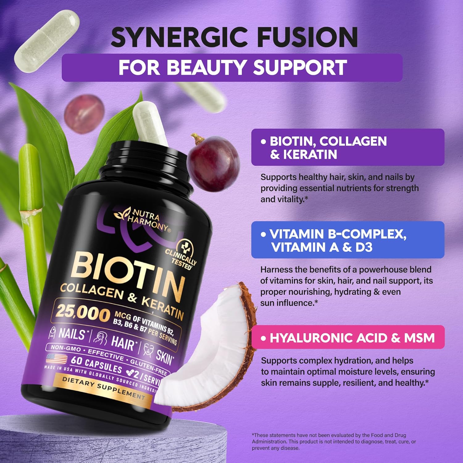Hair, Skin, and Nails Support Supplement with Biotin, Collagen, and Keratin - 25000 mcg Vitamins B2, B3, B6 & B7 - Hyaluronic Acid - 60 Capsules - Made in USA - Women & Men