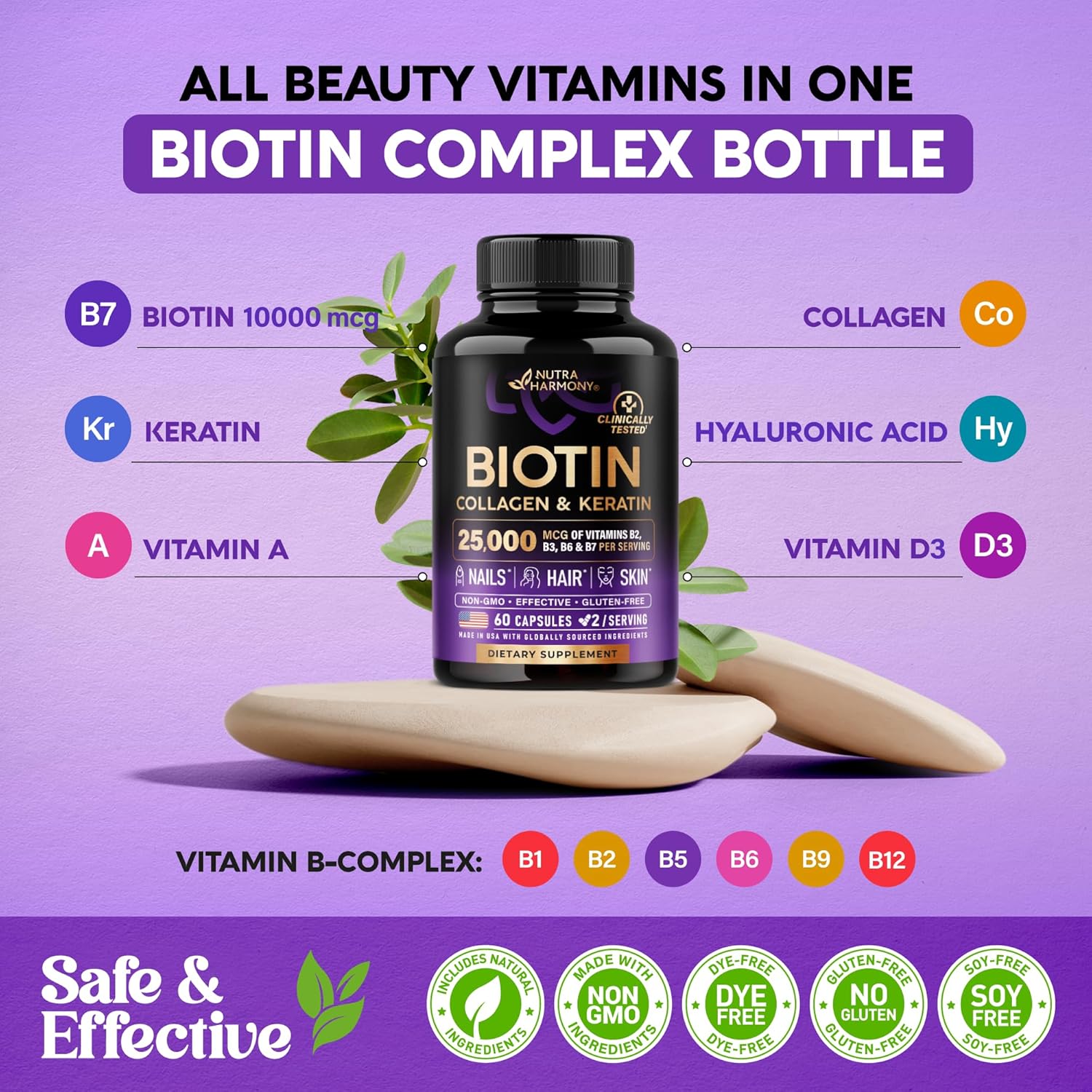 Hair, Skin, and Nails Support Supplement with Biotin, Collagen, and Keratin - 25000 mcg Vitamins B2, B3, B6 & B7 - Hyaluronic Acid - 60 Capsules - Made in USA - Women & Men
