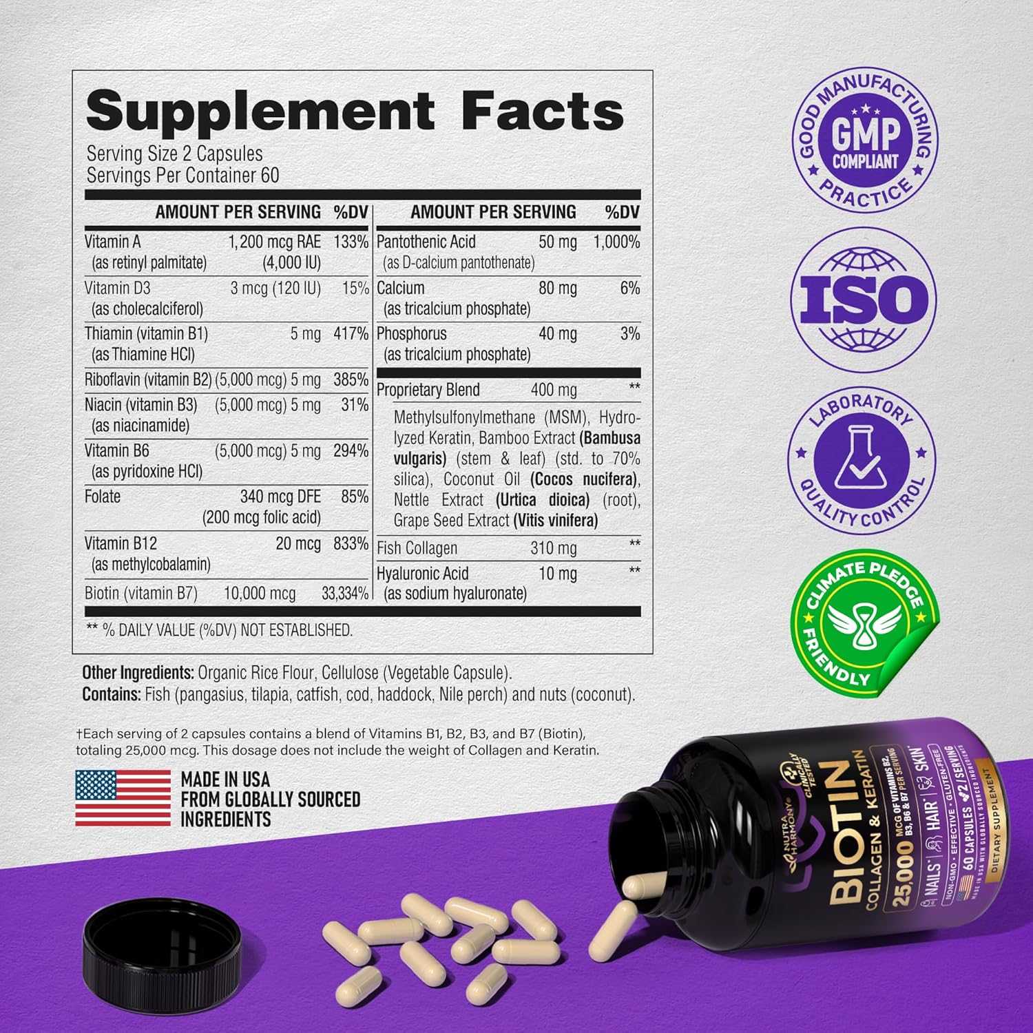 Hair, Skin, and Nails Support Supplement with Biotin, Collagen, and Keratin - 25000 mcg Vitamins B2, B3, B6 & B7 - Hyaluronic Acid - 60 Capsules - Made in USA - Women & Men