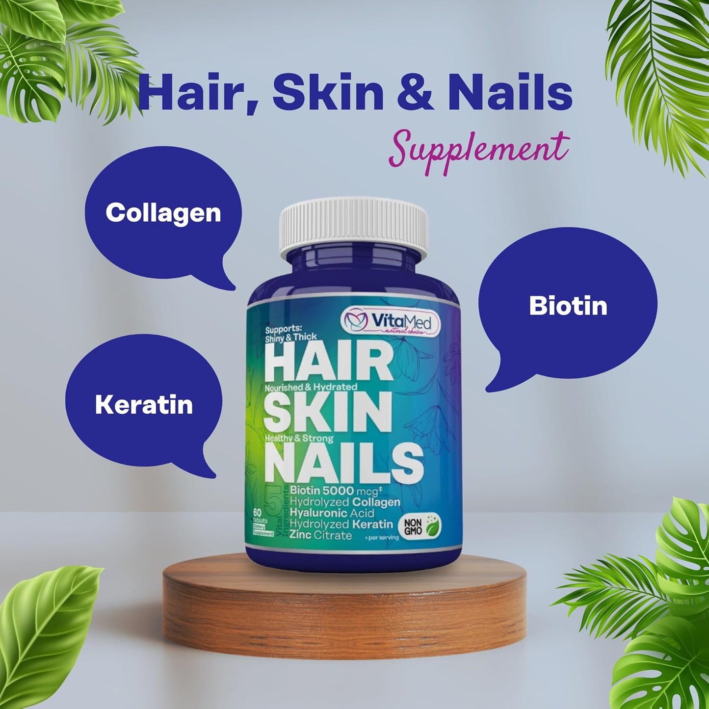 Hair, Skin, and Nails Vitamins with Biotin 5000mcg, Collagen, and Zinc for Hair Growth and Strong Nails - 60 Tablets