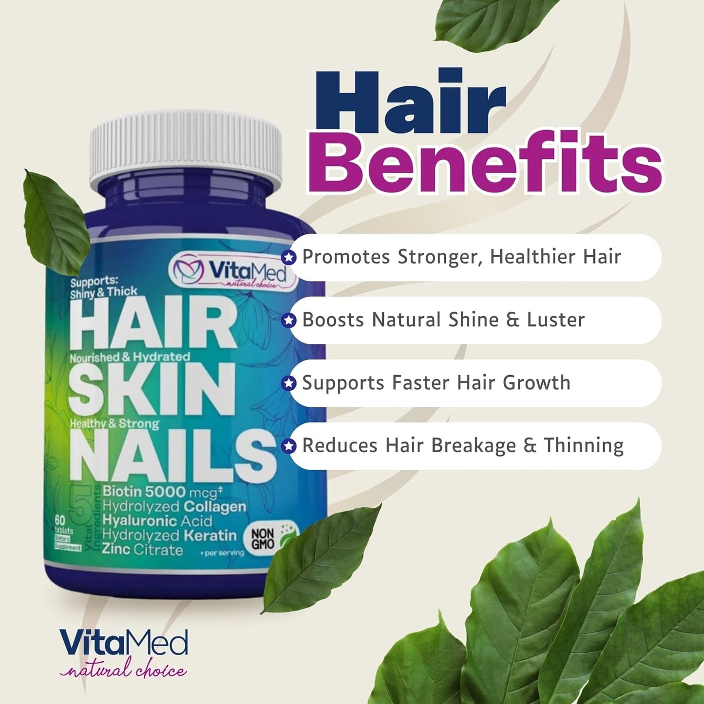 Hair, Skin, and Nails Vitamins with Biotin 5000mcg, Collagen, and Zinc for Hair Growth and Strong Nails - 60 Tablets