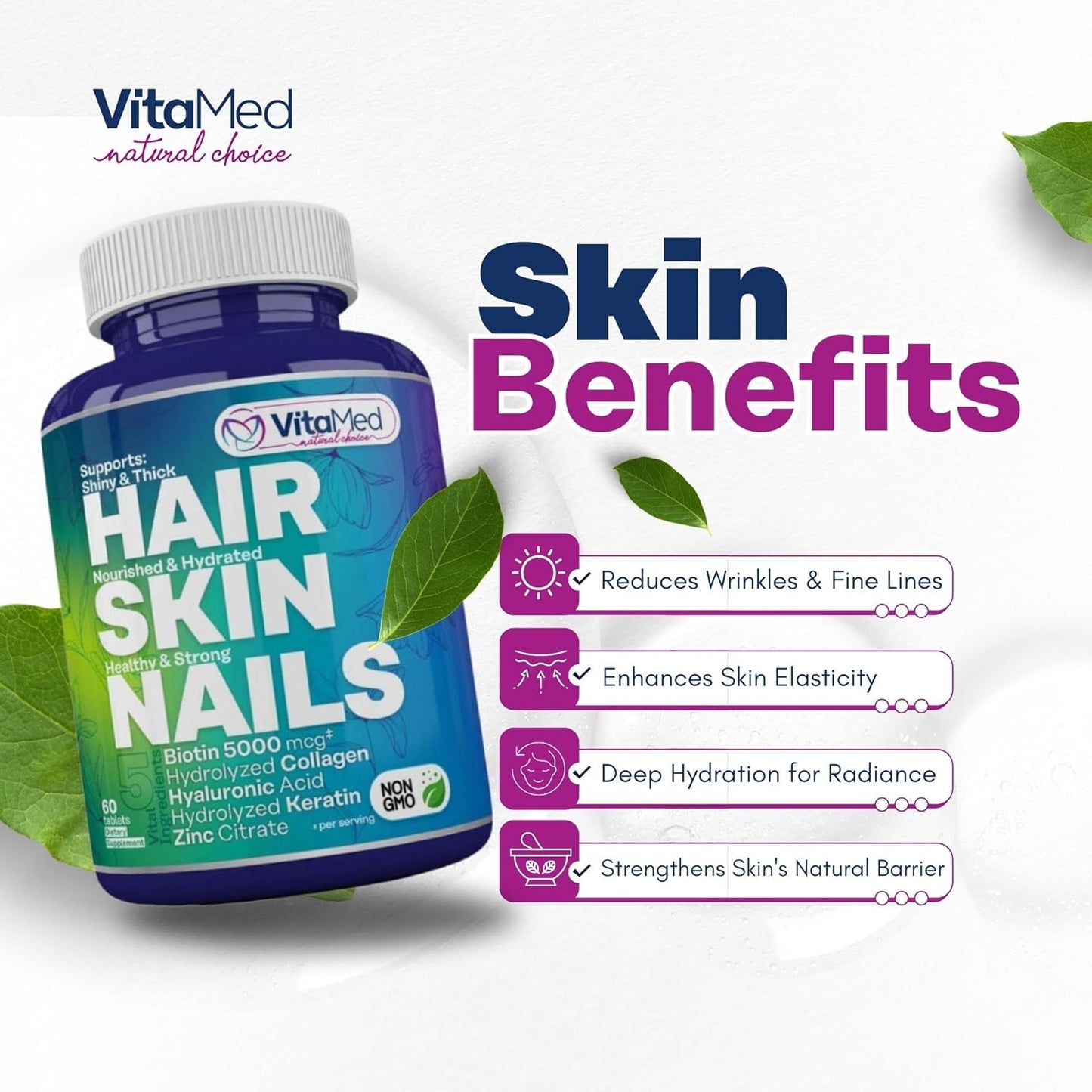 Hair, Skin, and Nails Vitamins with Biotin 5000mcg, Collagen, and Zinc for Hair Growth and Strong Nails - 60 Tablets
