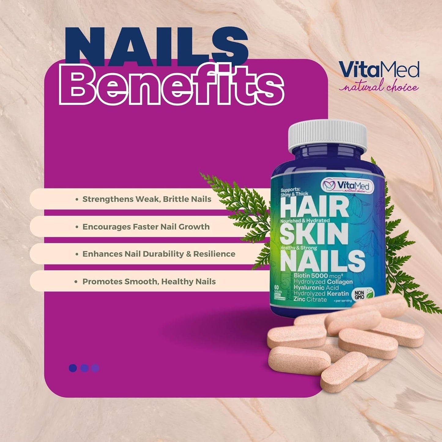 Hair, Skin, and Nails Vitamins with Biotin 5000mcg, Collagen, and Zinc for Hair Growth and Strong Nails - 60 Tablets