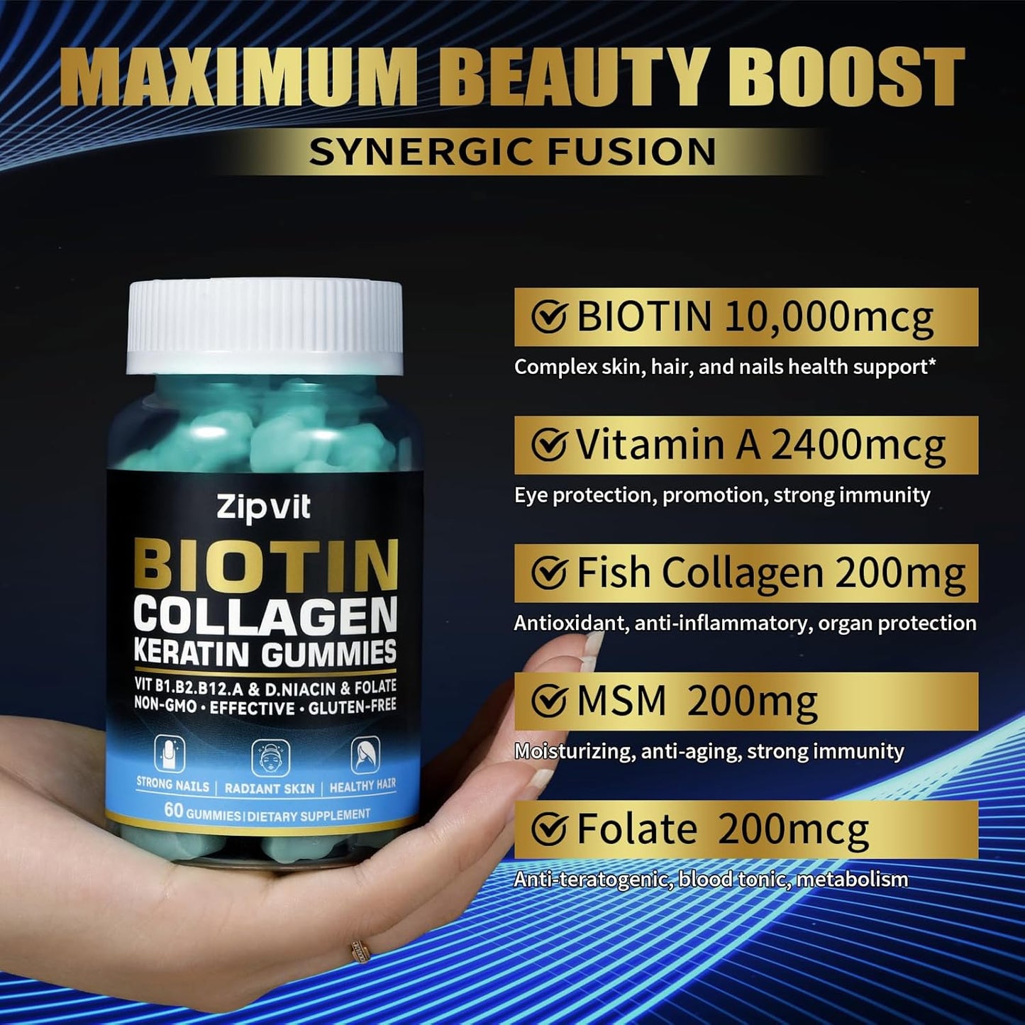Hair, Skin, and Nails Vitamins with Biotin & Collagen - Hair Growth Supplement for Men & Women - 120 Gummy Bears