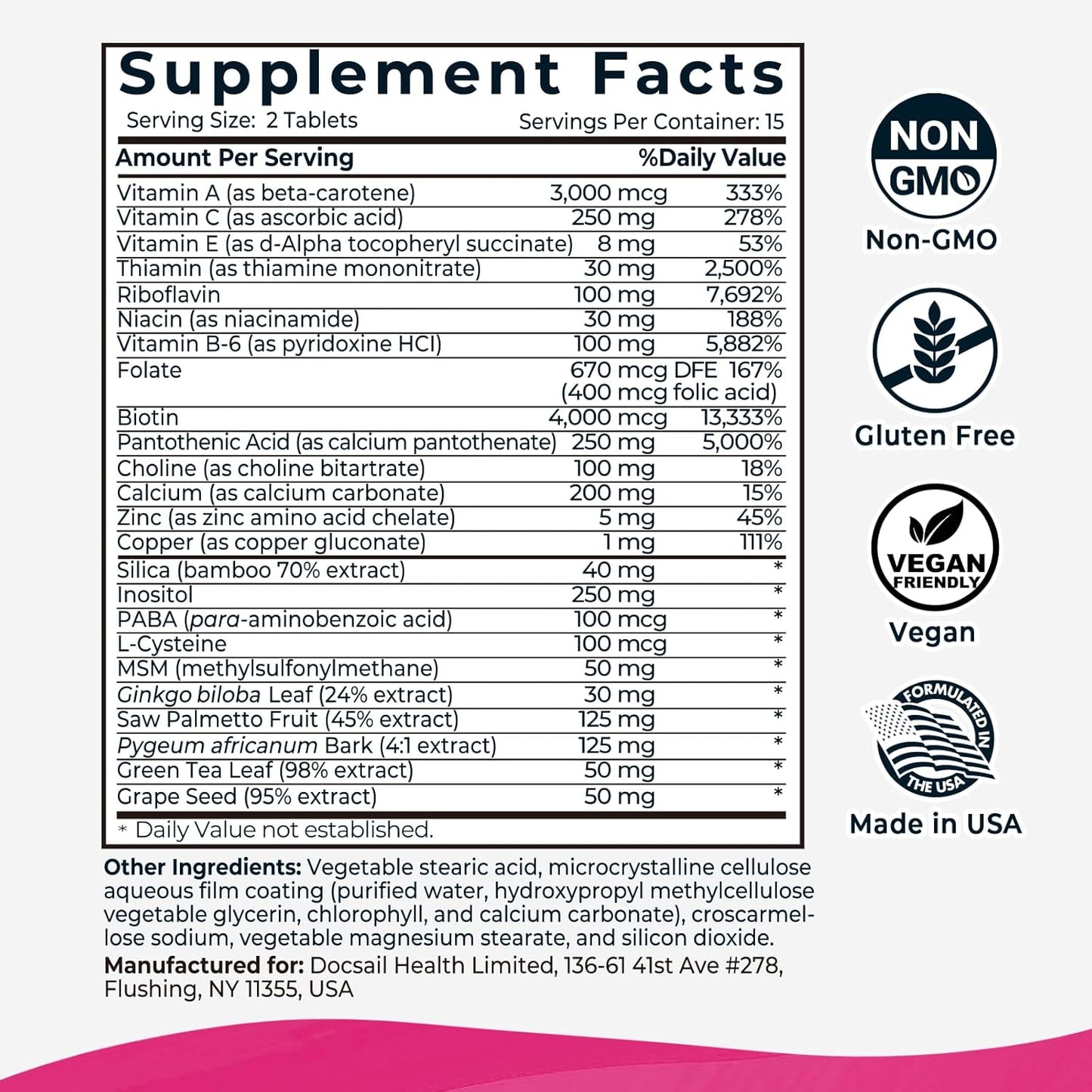 Hair Skin and Nails Vitamins with Biotin for Faster Hair Growth - 30 Tablets - Made in USA