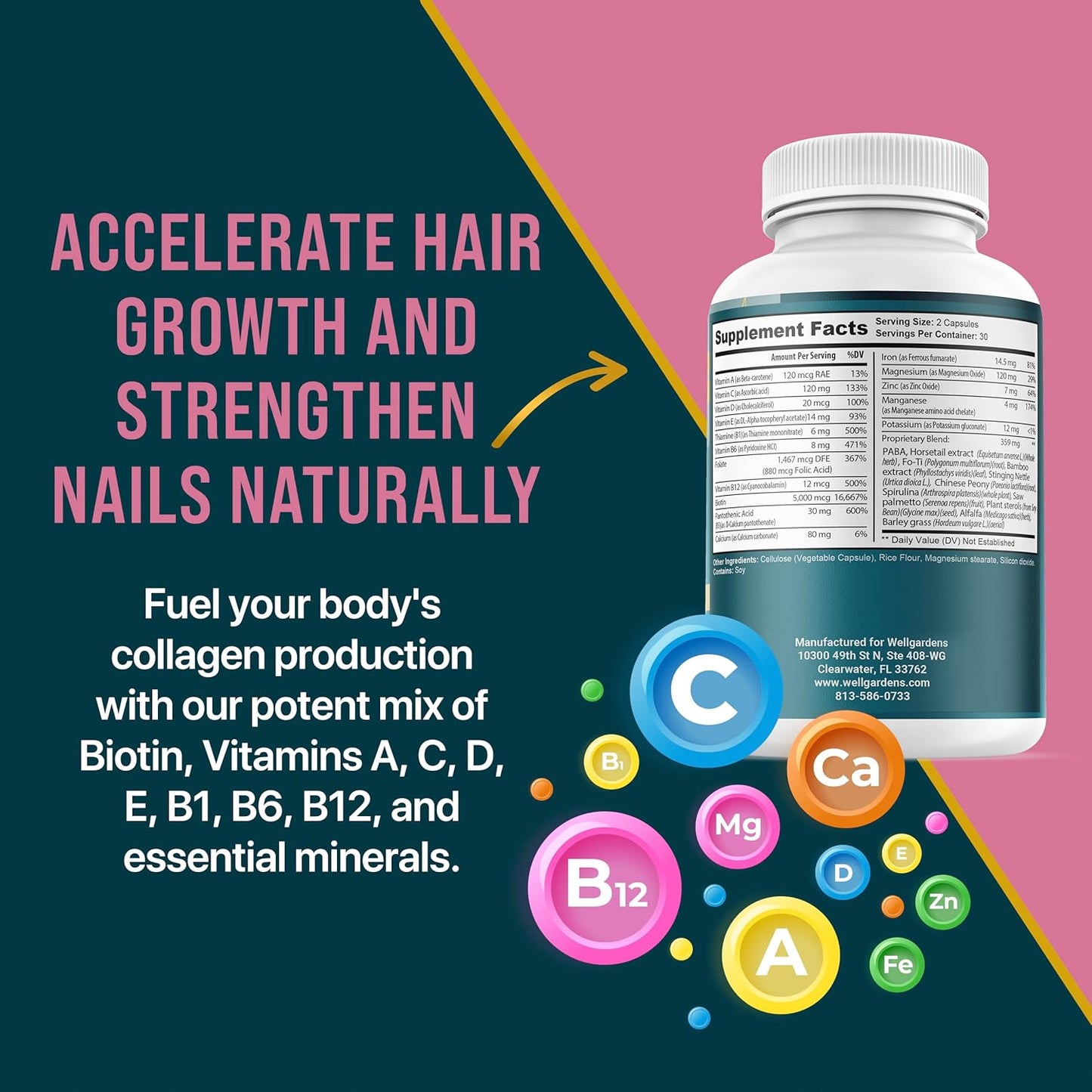 Hair, Skin, and Nails Vitamins with Biotin for Women and Men - Supports Hair Growth, Strong Nails, Healthy Skin - 1 Month Supply of Extra Strength 78,1119mcg Formula for Ages 18+