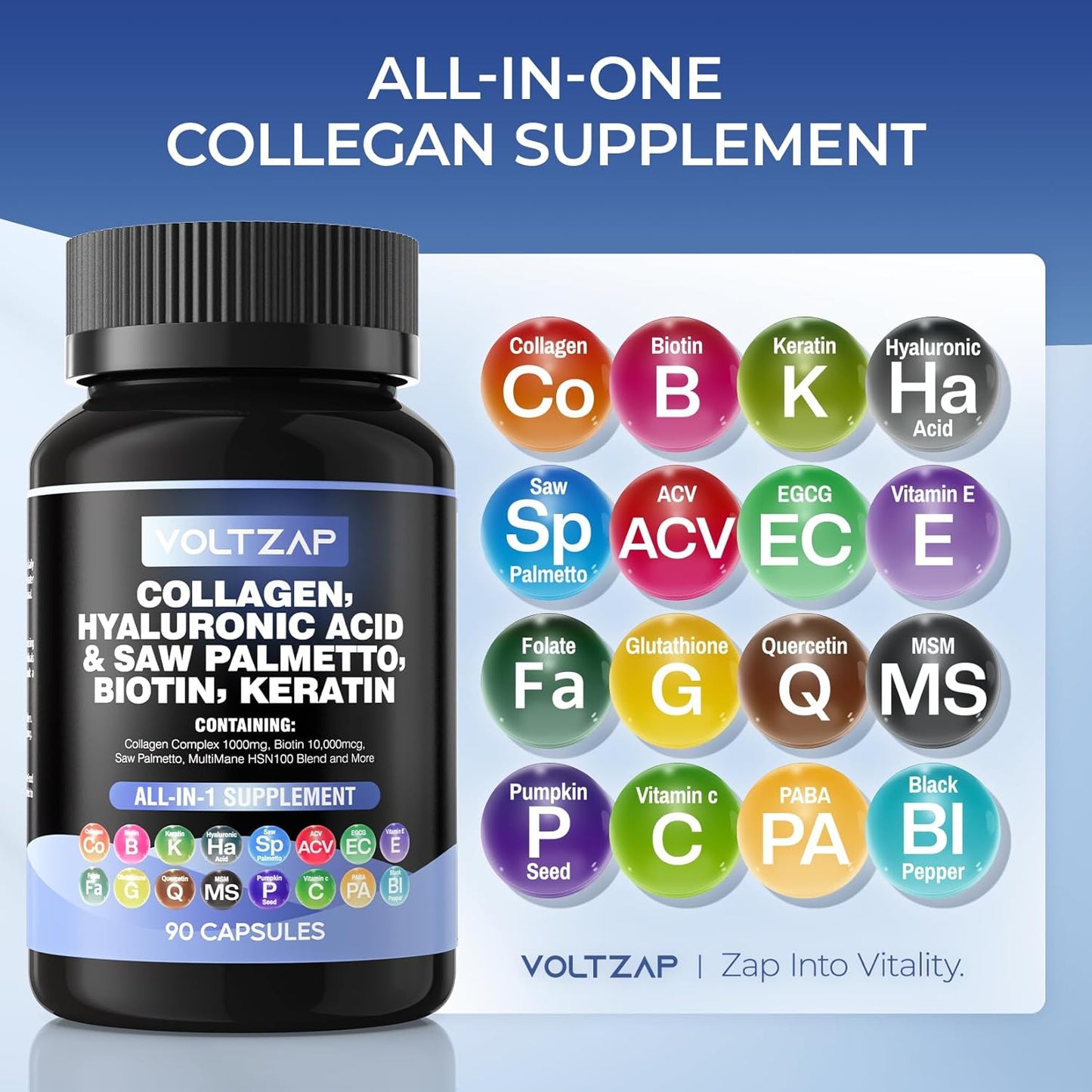Hair, Skin, and Nails Vitamins with Collagen, Biotin, and Keratin - 90 Capsules