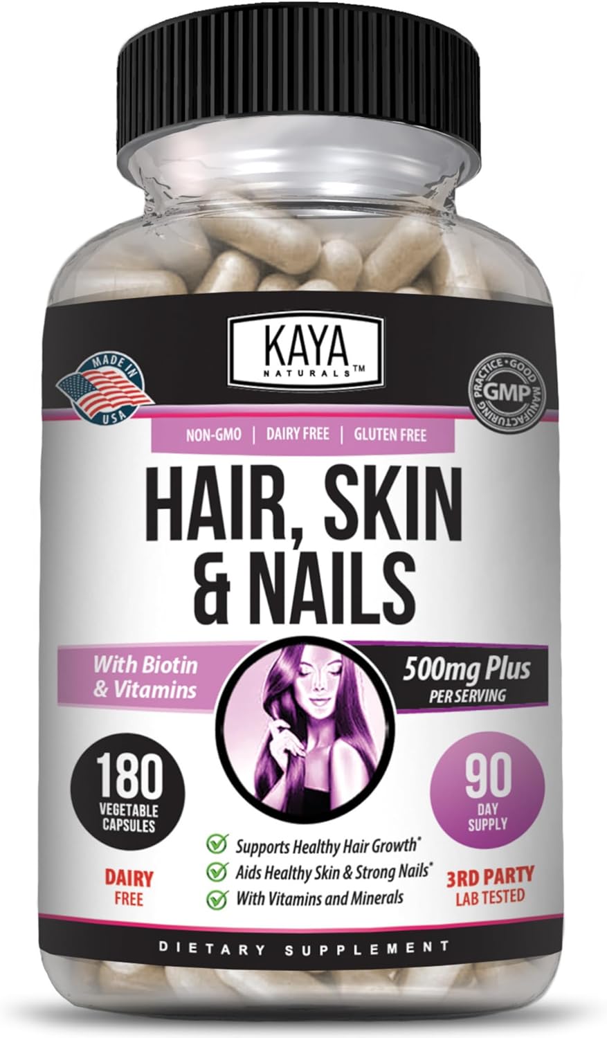 Hair Skin Nail Capsules with Biotin, Vitamin D, B-12, Folic Acid - 180 Count Hair Support Supplement by Kaya Naturals
