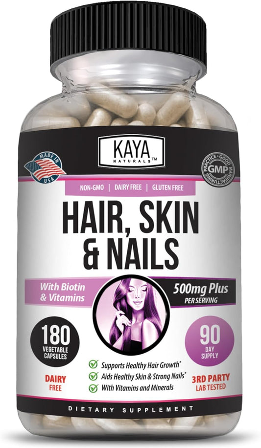 Hair Skin Nail Capsules with Biotin, Vitamin D, B-12, Folic Acid - 180 Count Hair Support Supplement by Kaya Naturals