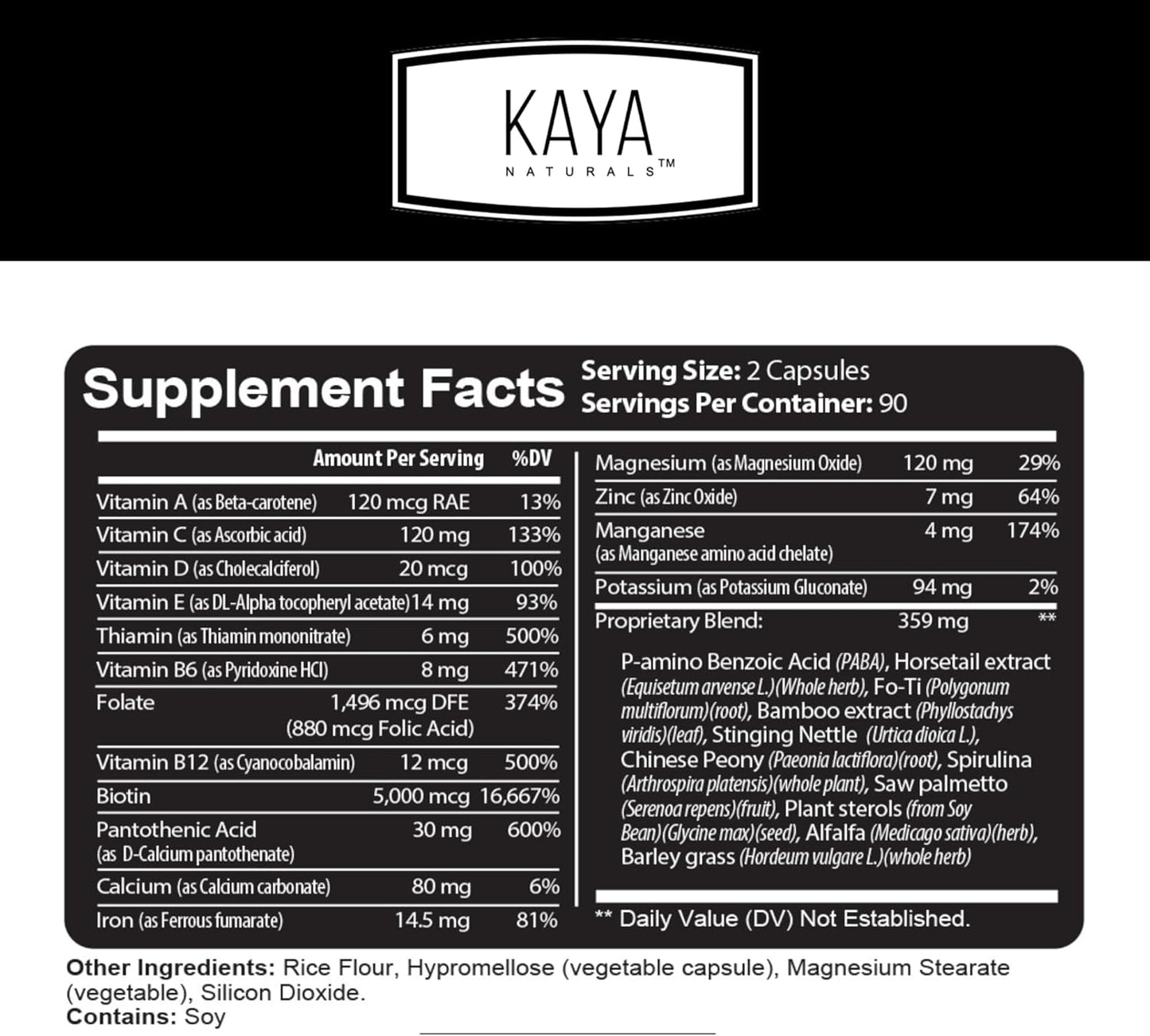 Hair Skin Nail Capsules with Biotin, Vitamin D, B-12, Folic Acid - 180 Count Hair Support Supplement by Kaya Naturals
