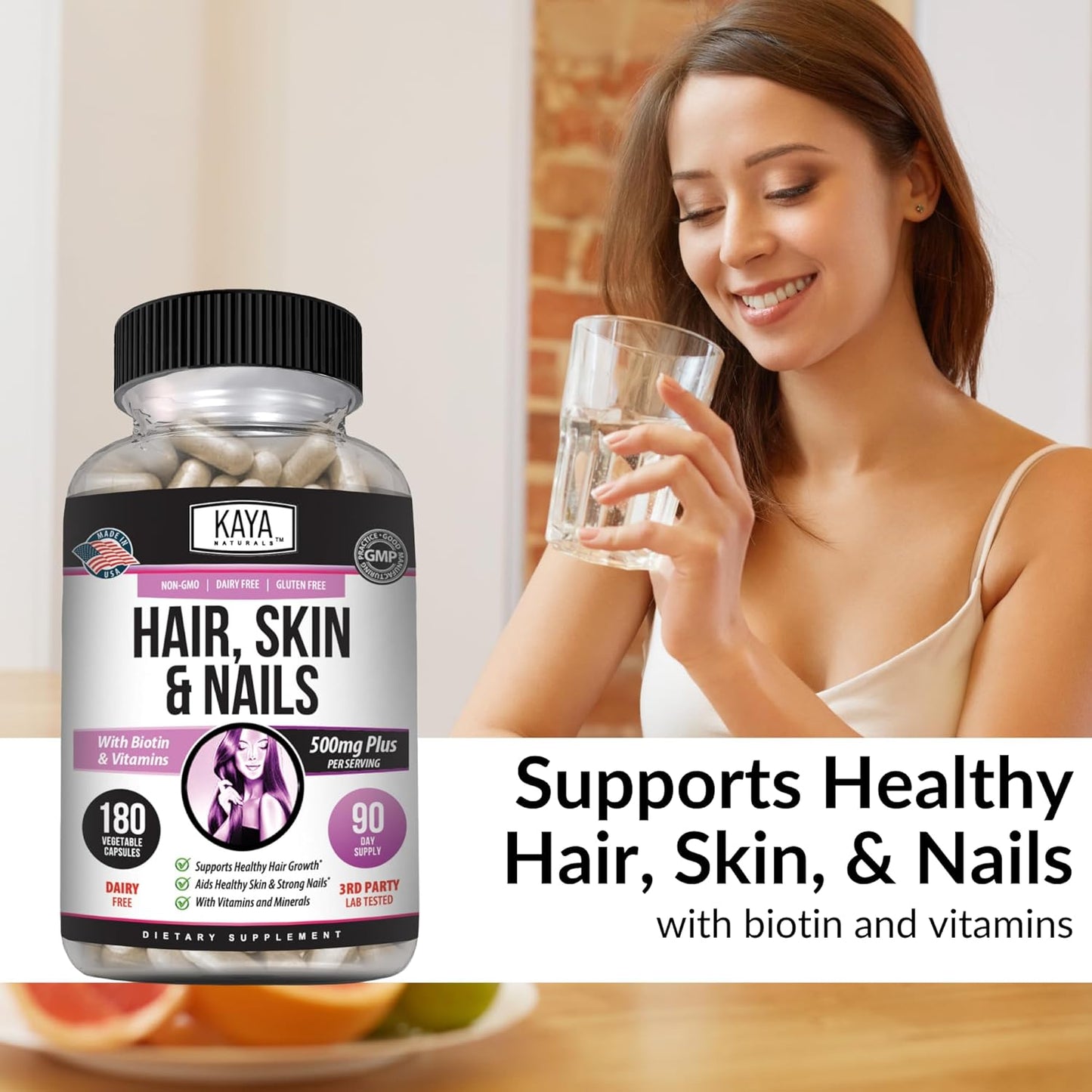 Hair Skin Nail Capsules with Biotin, Vitamin D, B-12, Folic Acid - 180 Count Hair Support Supplement by Kaya Naturals