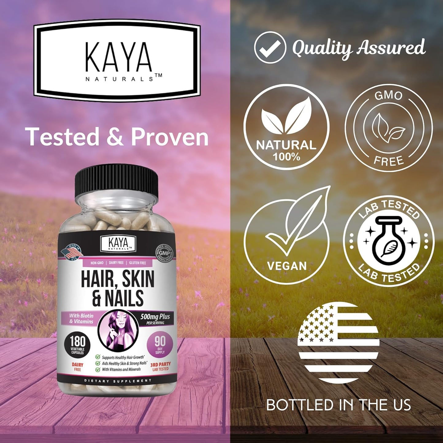Hair Skin Nail Capsules with Biotin, Vitamin D, B-12, Folic Acid - 180 Count Hair Support Supplement by Kaya Naturals